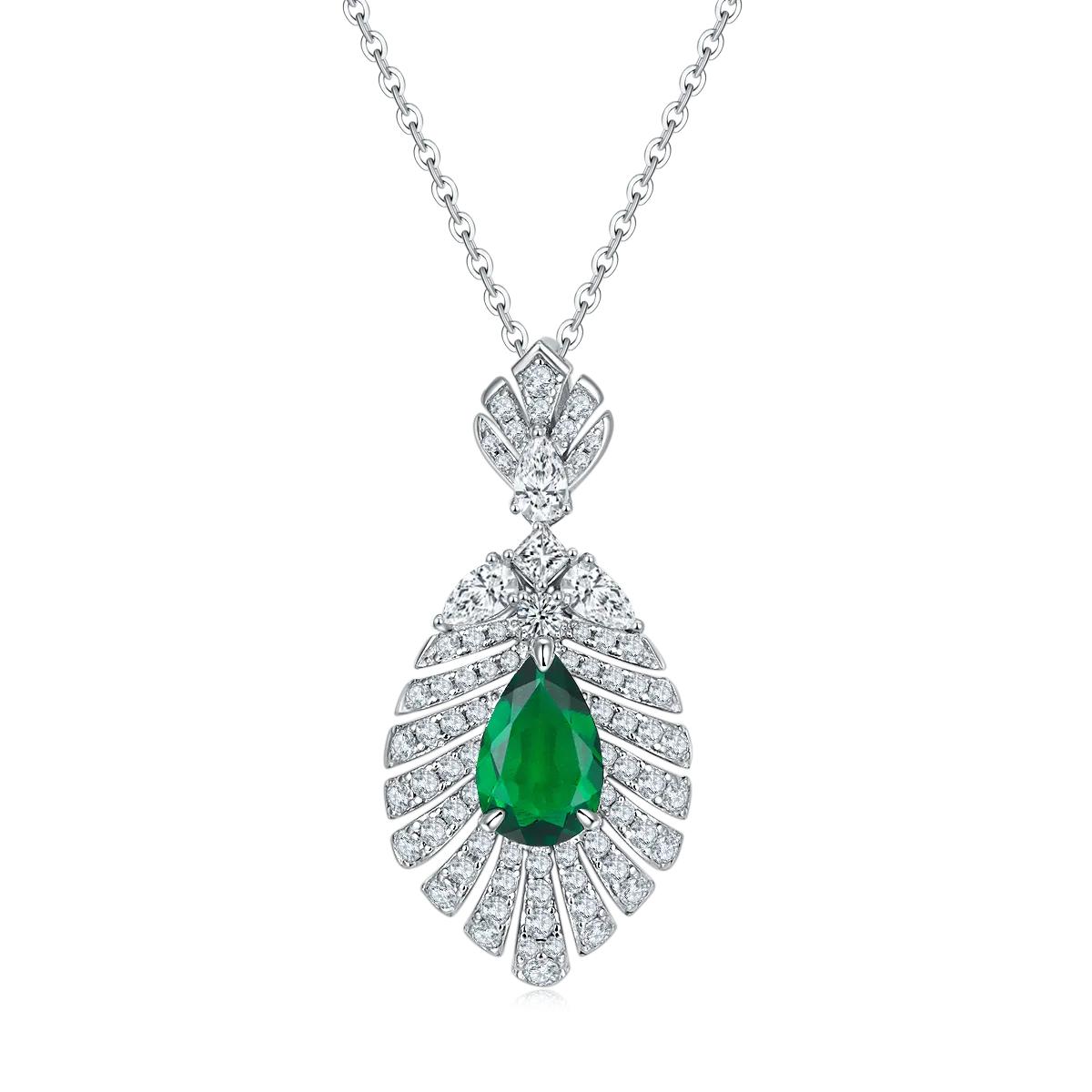 2.75 Carat Pear-Shaped Lab-Created Gemstone Pendant Necklace in S925 Silver with Platinum Leaf Design