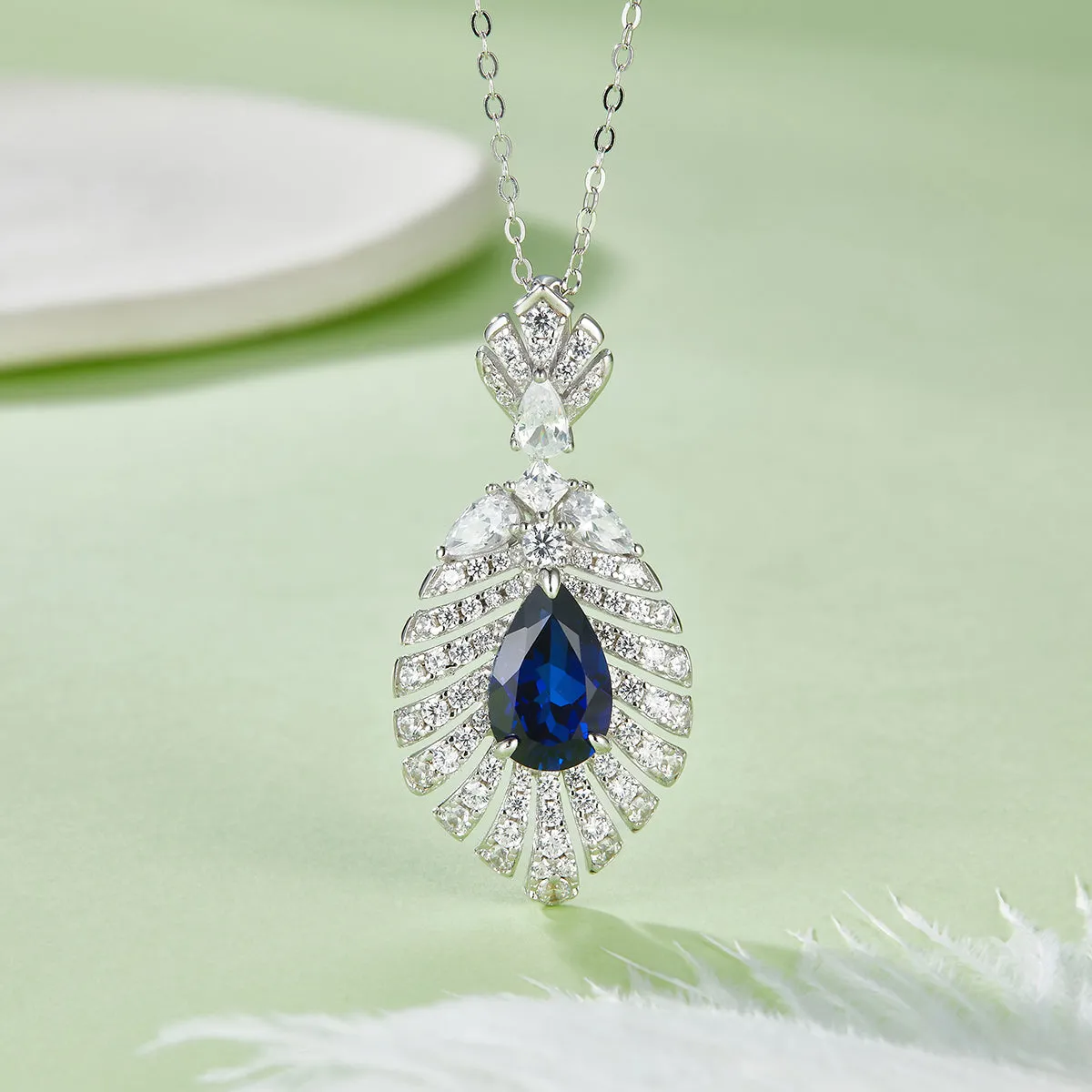 2.75 Carat Pear-Shaped Lab-Created Gemstone Pendant Necklace in S925 Silver with Platinum Leaf Design