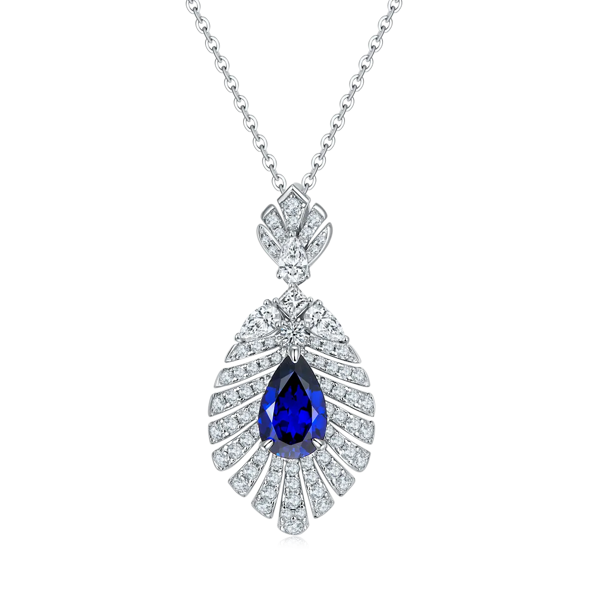 2.75 Carat Pear-Shaped Lab-Created Gemstone Pendant Necklace in S925 Silver with Platinum Leaf Design