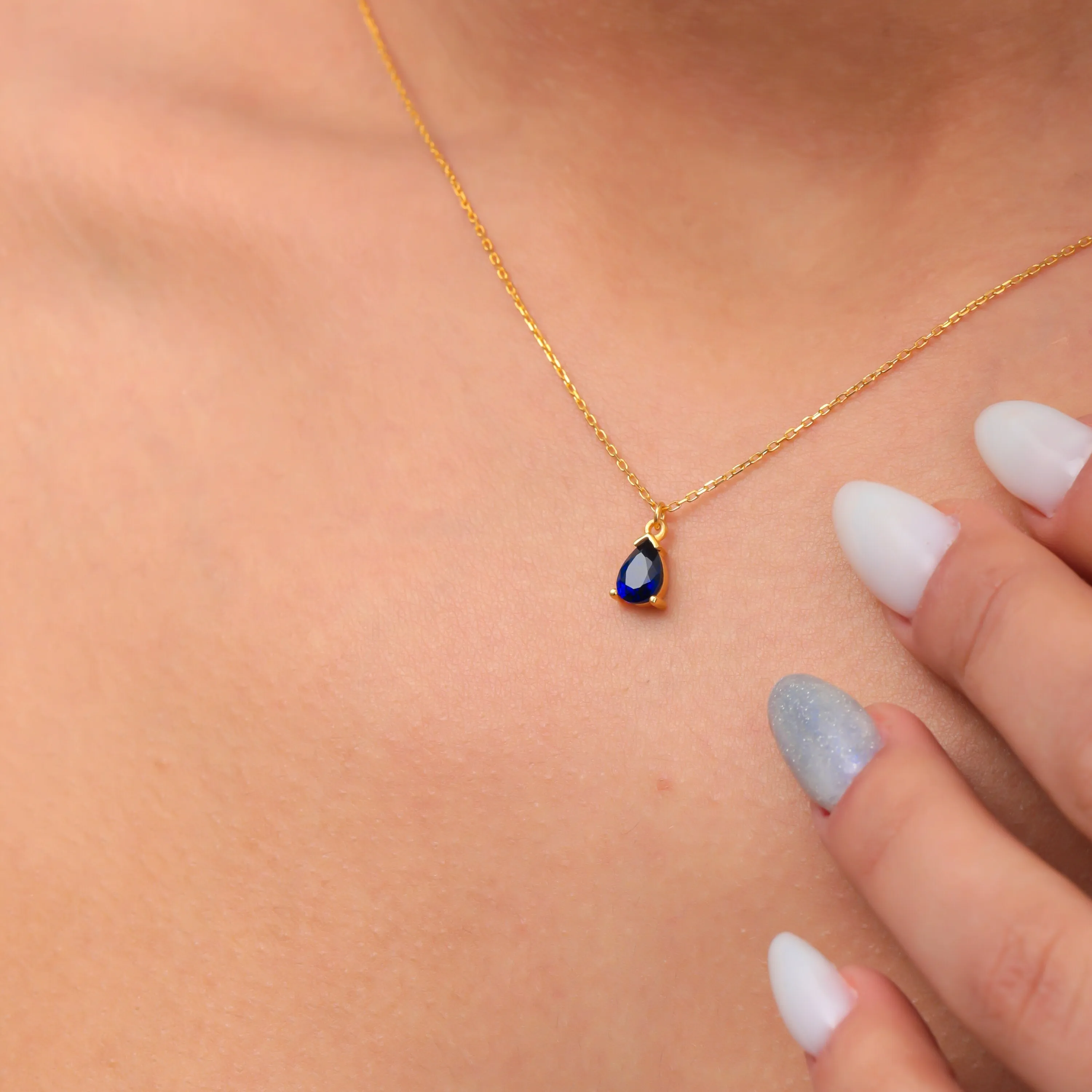5th Wedding Anniversary Jewelry Gift Sapphire Teardrop Dainty Necklace
