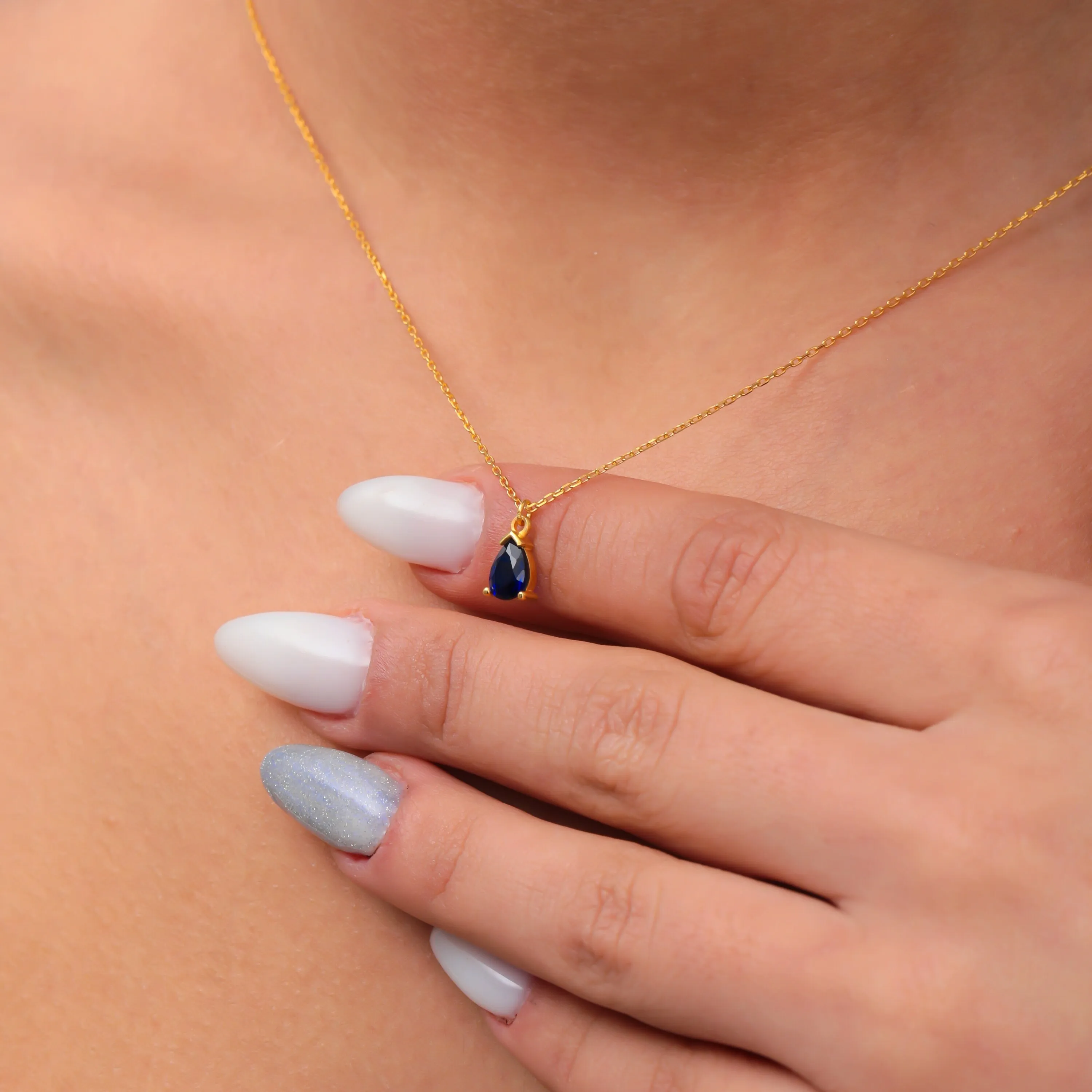 5th Wedding Anniversary Jewelry Gift Sapphire Teardrop Dainty Necklace