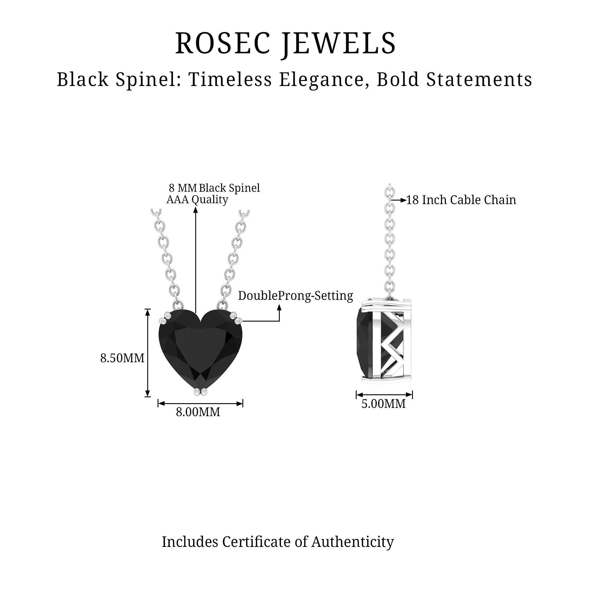 8 MM Heart Shape Black Spinel Solitaire Necklace in Double Prong Setting