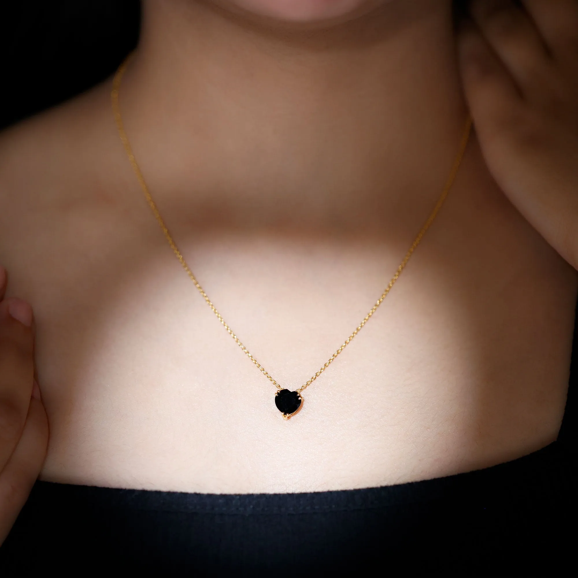 8 MM Heart Shape Black Spinel Solitaire Necklace in Double Prong Setting