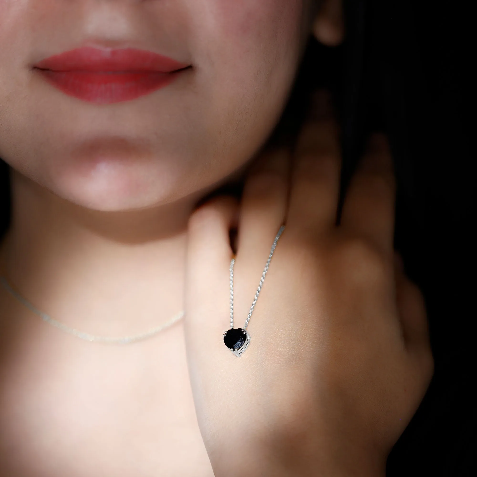 8 MM Heart Shape Black Spinel Solitaire Necklace in Double Prong Setting