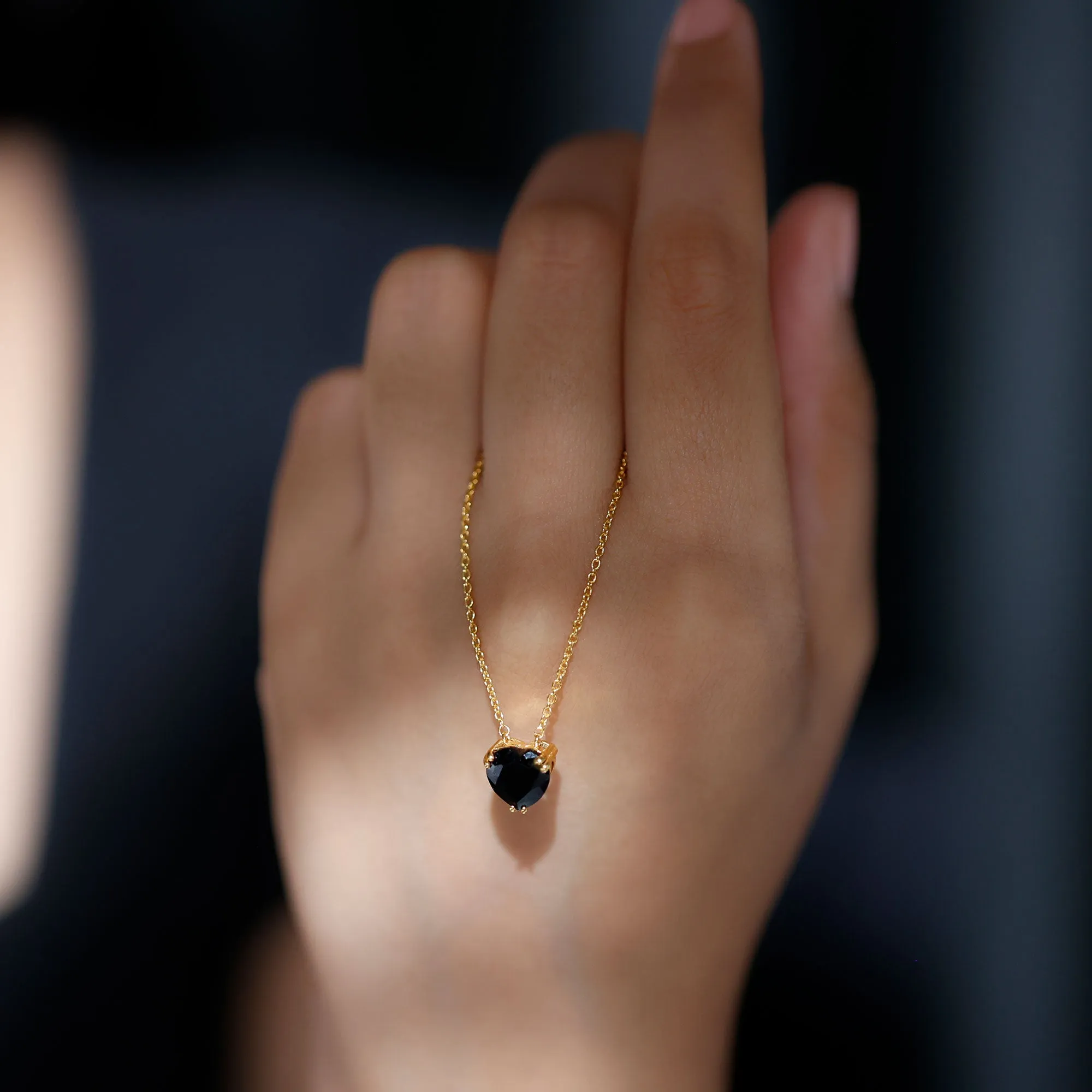 8 MM Heart Shape Black Spinel Solitaire Necklace in Double Prong Setting