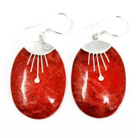 925 Silver Earrings - Hand-Made Oval Décor with Coral from Bali