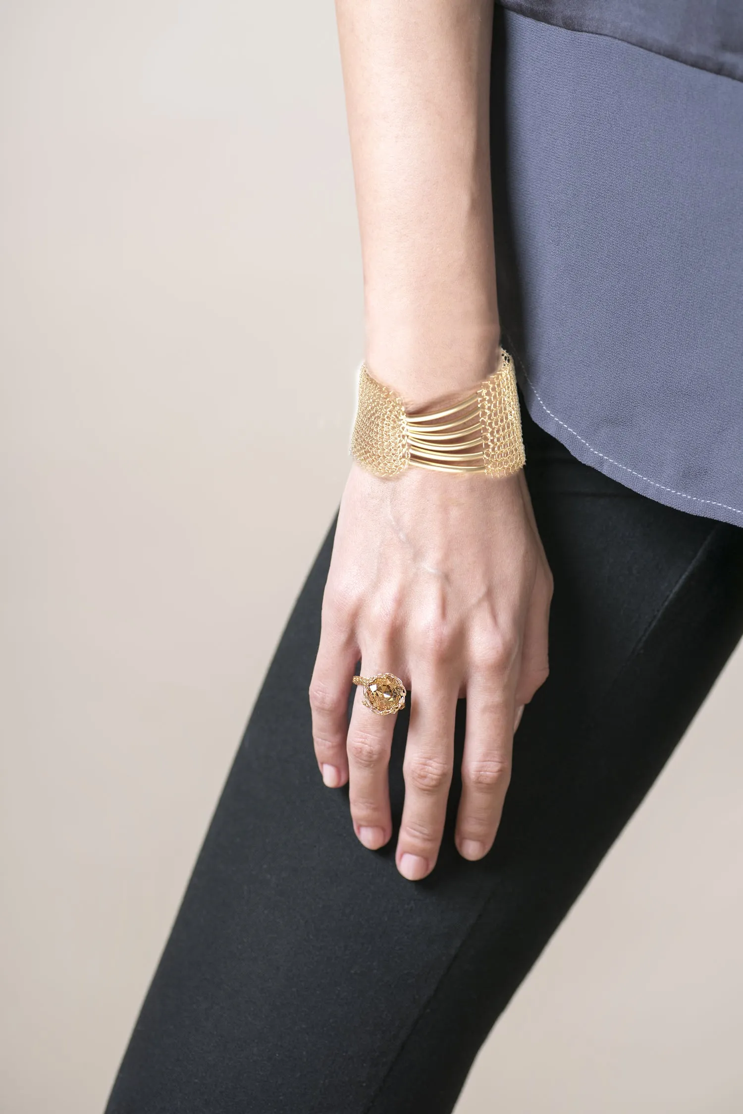 A Symmetric Gold Cuff Bracelet, Gold Mesh Bracelet
