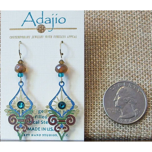 Adajio Sunburst Art Deco-Style Pierced Earrings in Brown, Teal, & Tan