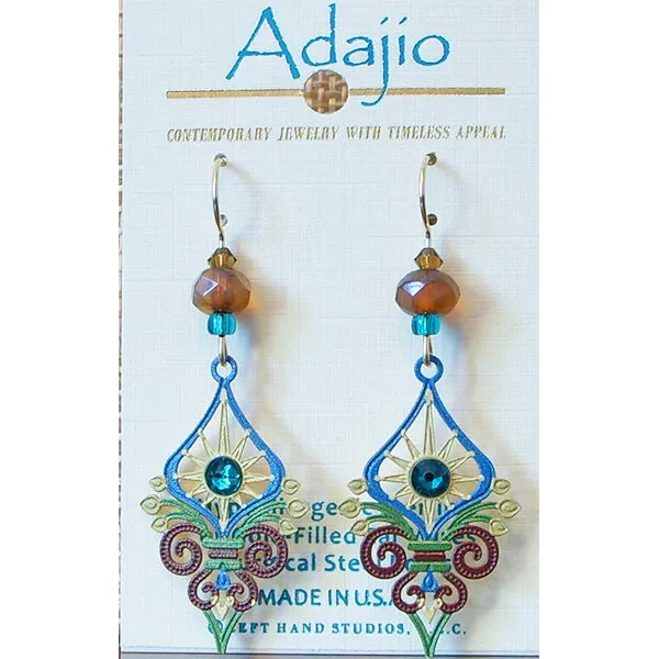 Adajio Sunburst Art Deco-Style Pierced Earrings in Brown, Teal, & Tan