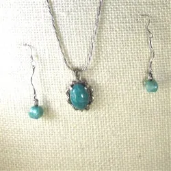 Amazonite Pendant On Silver Chain Necklace & Matching  Earrings