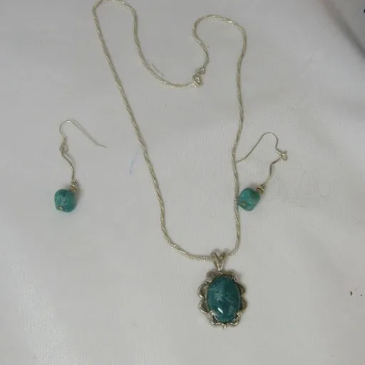 Amazonite Pendant On Silver Chain Necklace & Matching  Earrings