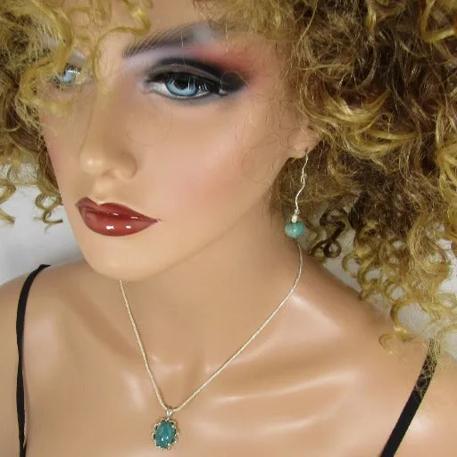 Amazonite Pendant On Silver Chain Necklace & Matching  Earrings