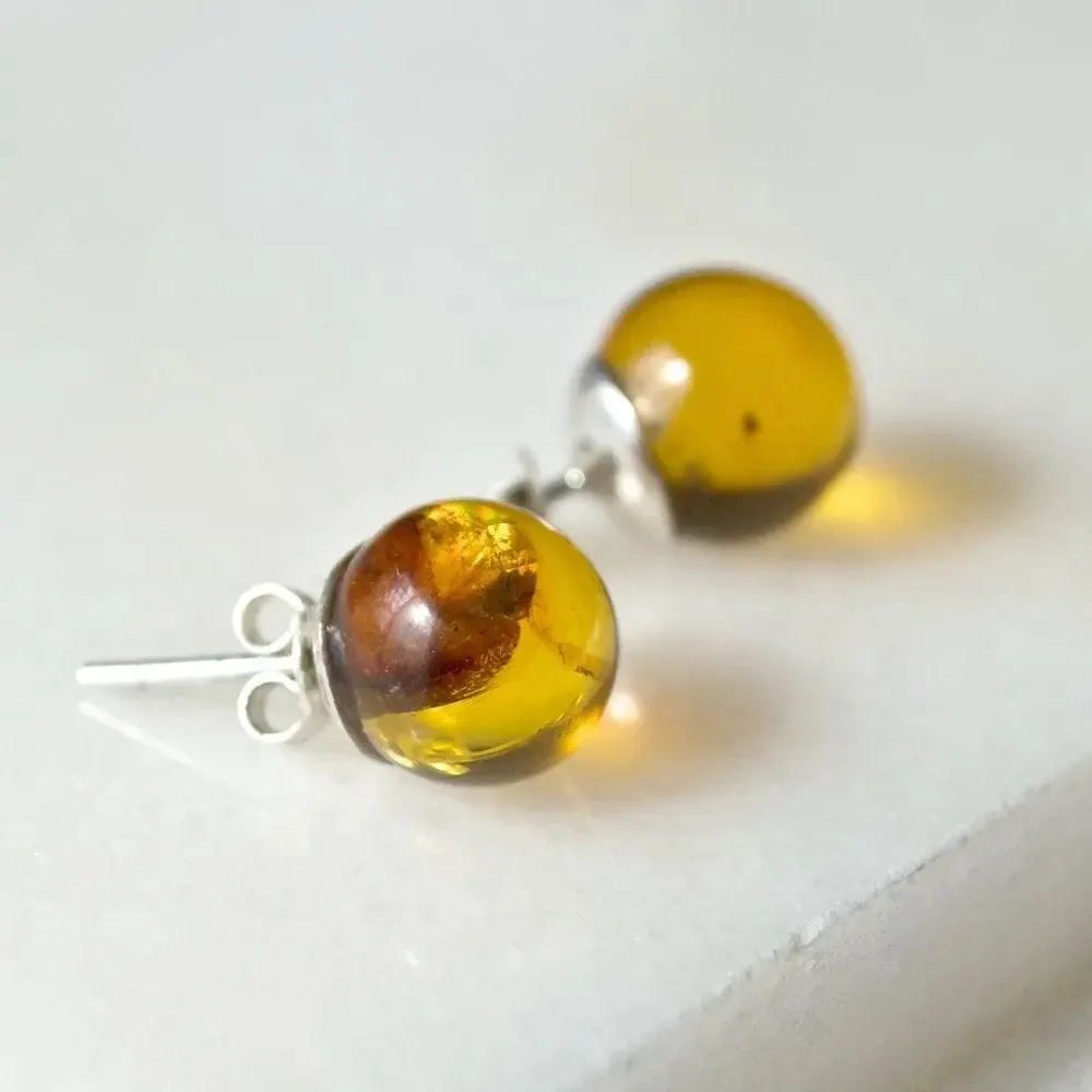 Amber Sterling Silver Earrings Stud Ball