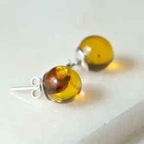 Amber Sterling Silver Earrings Stud Ball