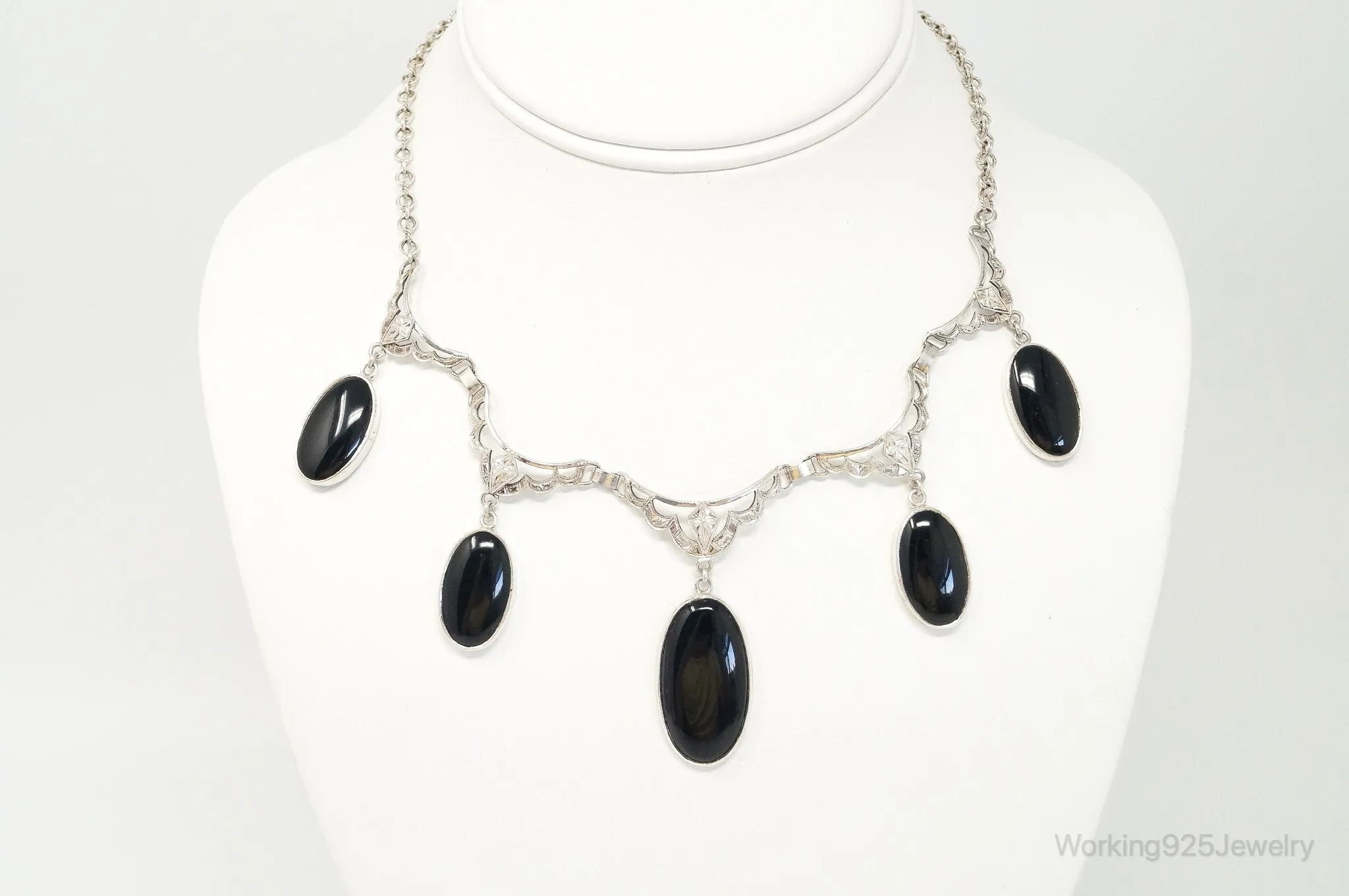Antique Black Onyx Art Deco Silver Bib Necklace