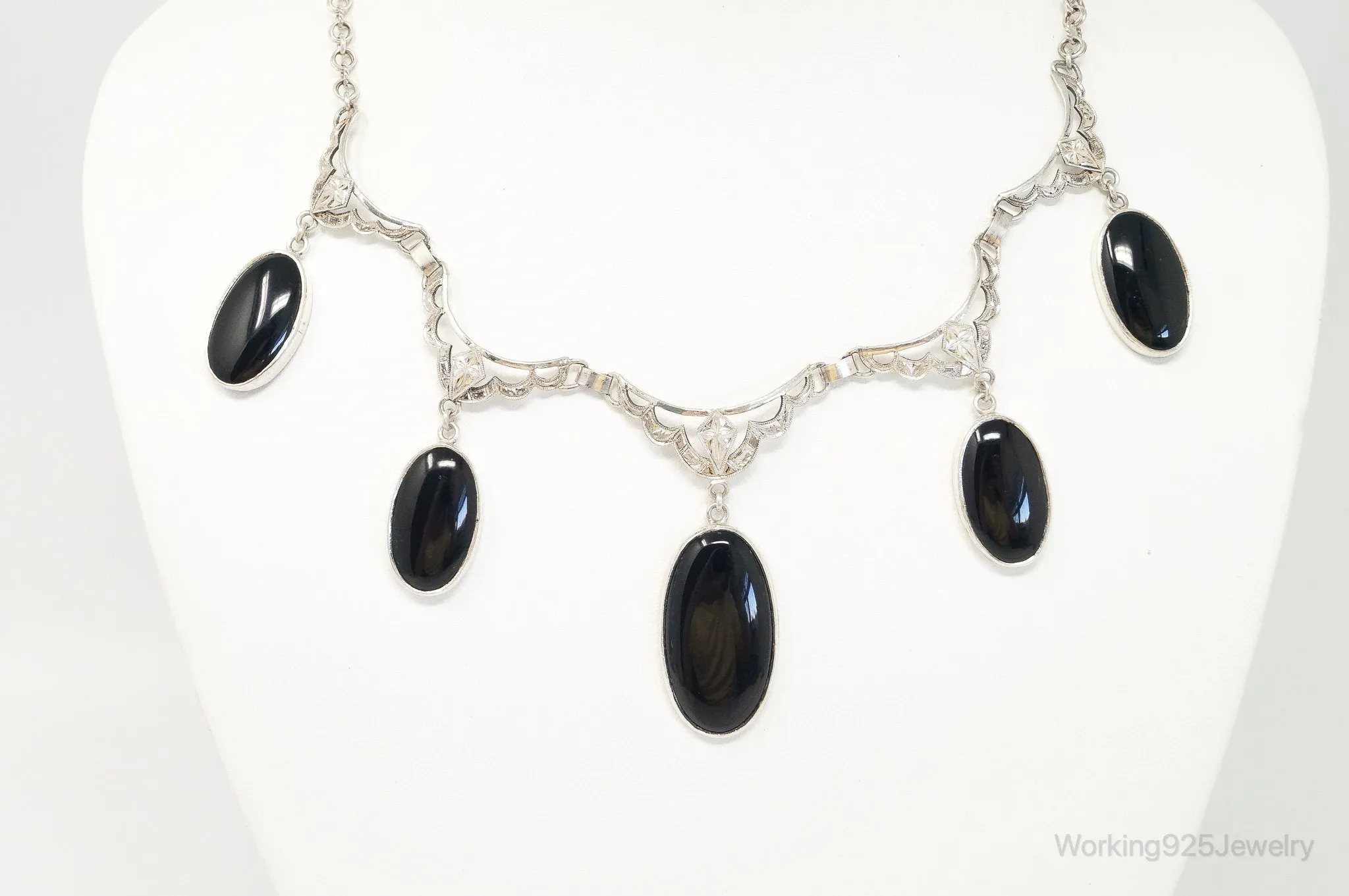 Antique Black Onyx Art Deco Silver Bib Necklace