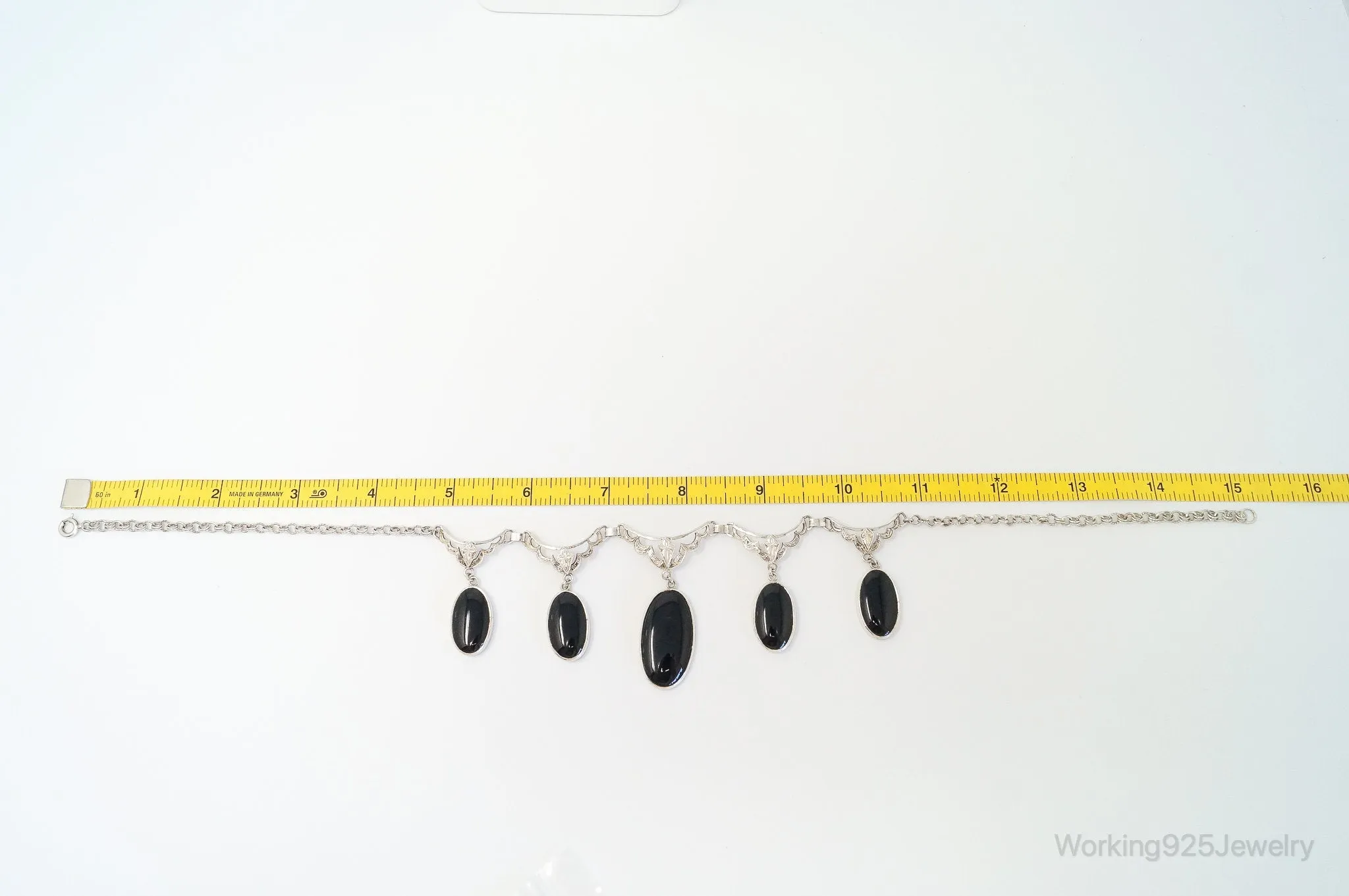 Antique Black Onyx Art Deco Silver Bib Necklace