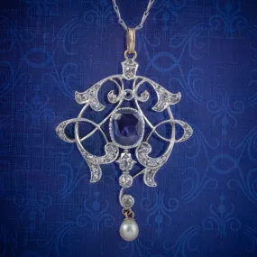 Antique Edwardian 3.25Ct Sapphire Diamond Pendant Necklace Platinum 18Ct Gold Circa 1905