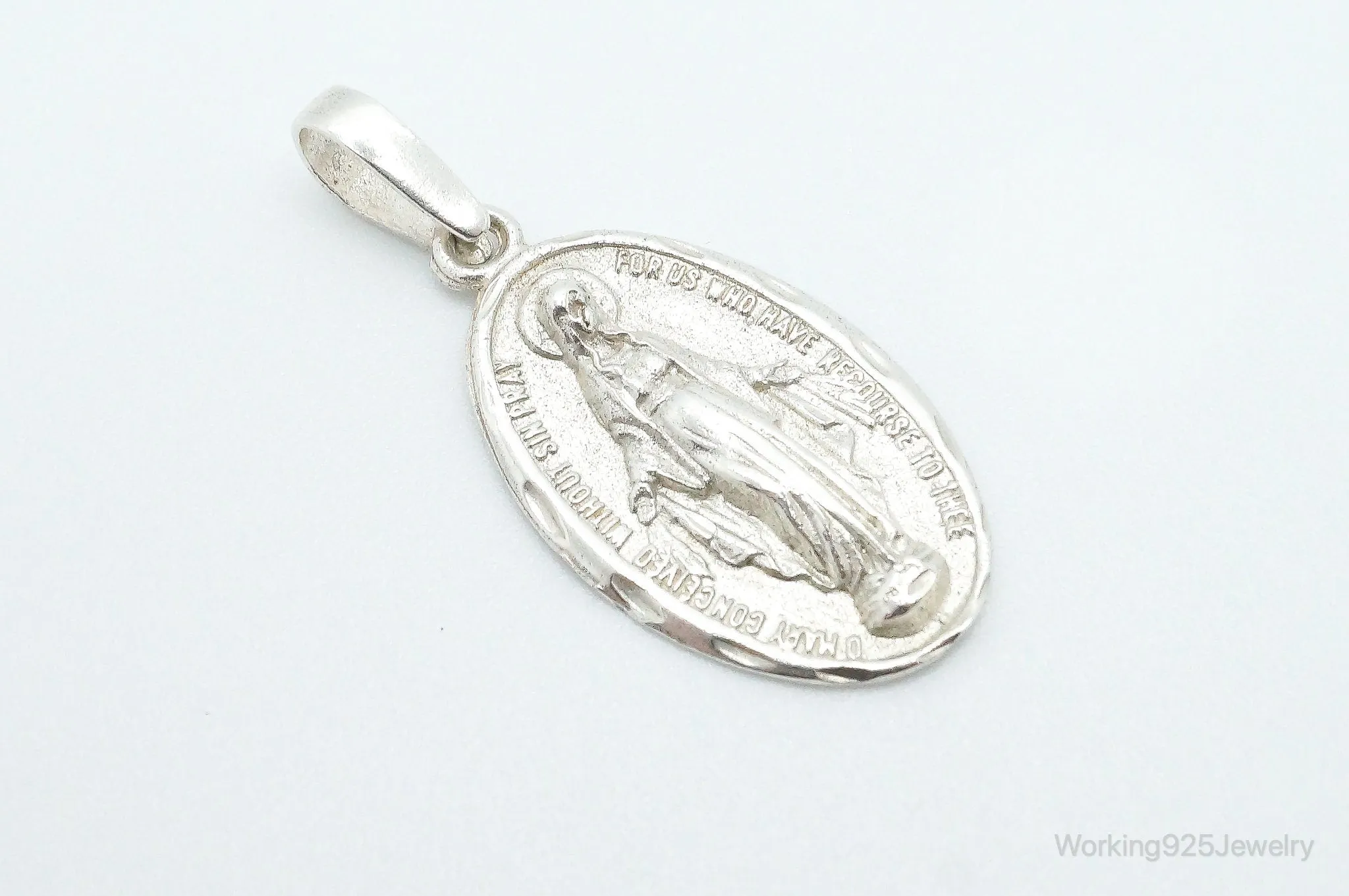 Antique Mary Pray For Us Sterling Silver Pendant Charm