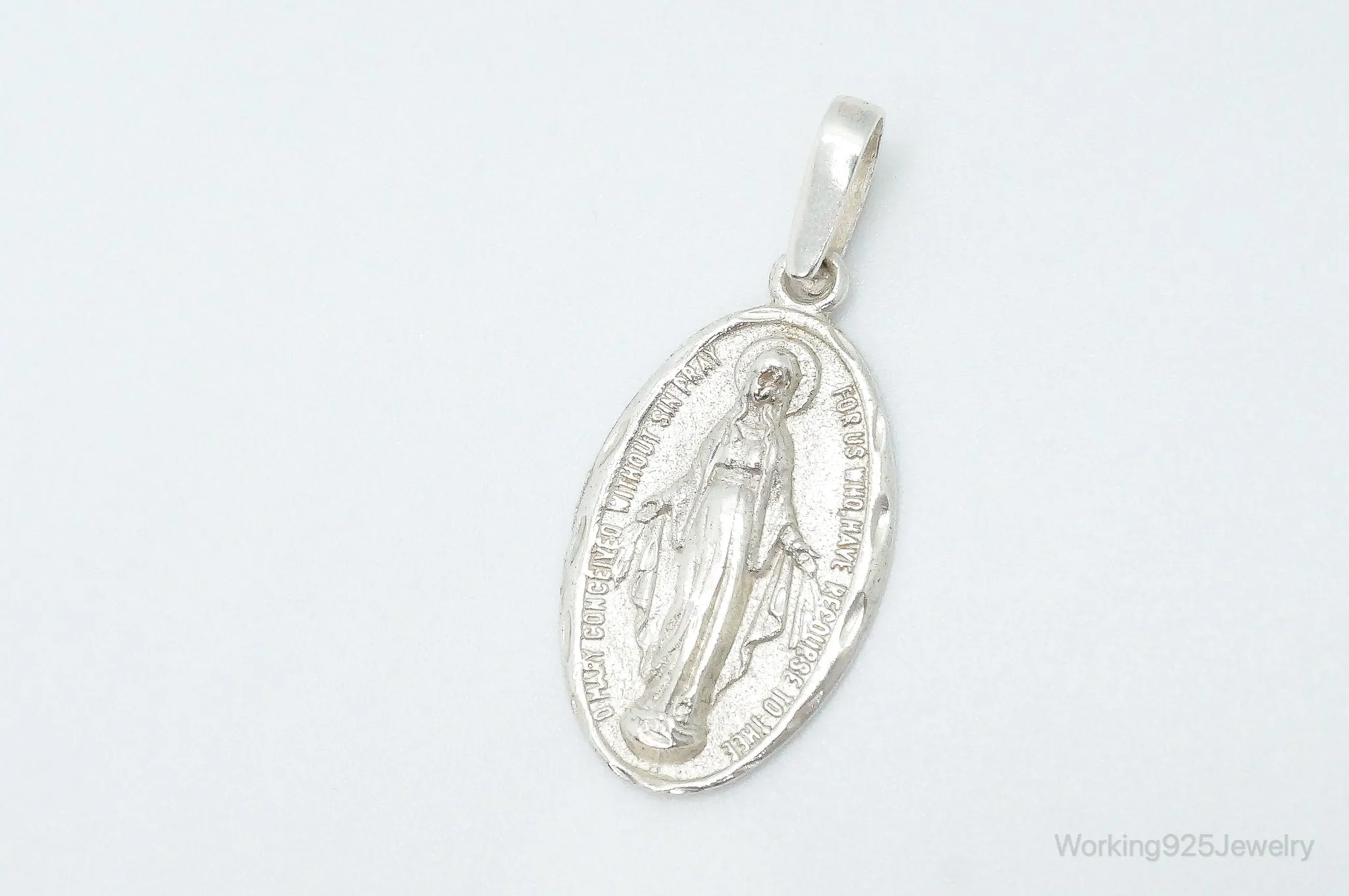 Antique Mary Pray For Us Sterling Silver Pendant Charm