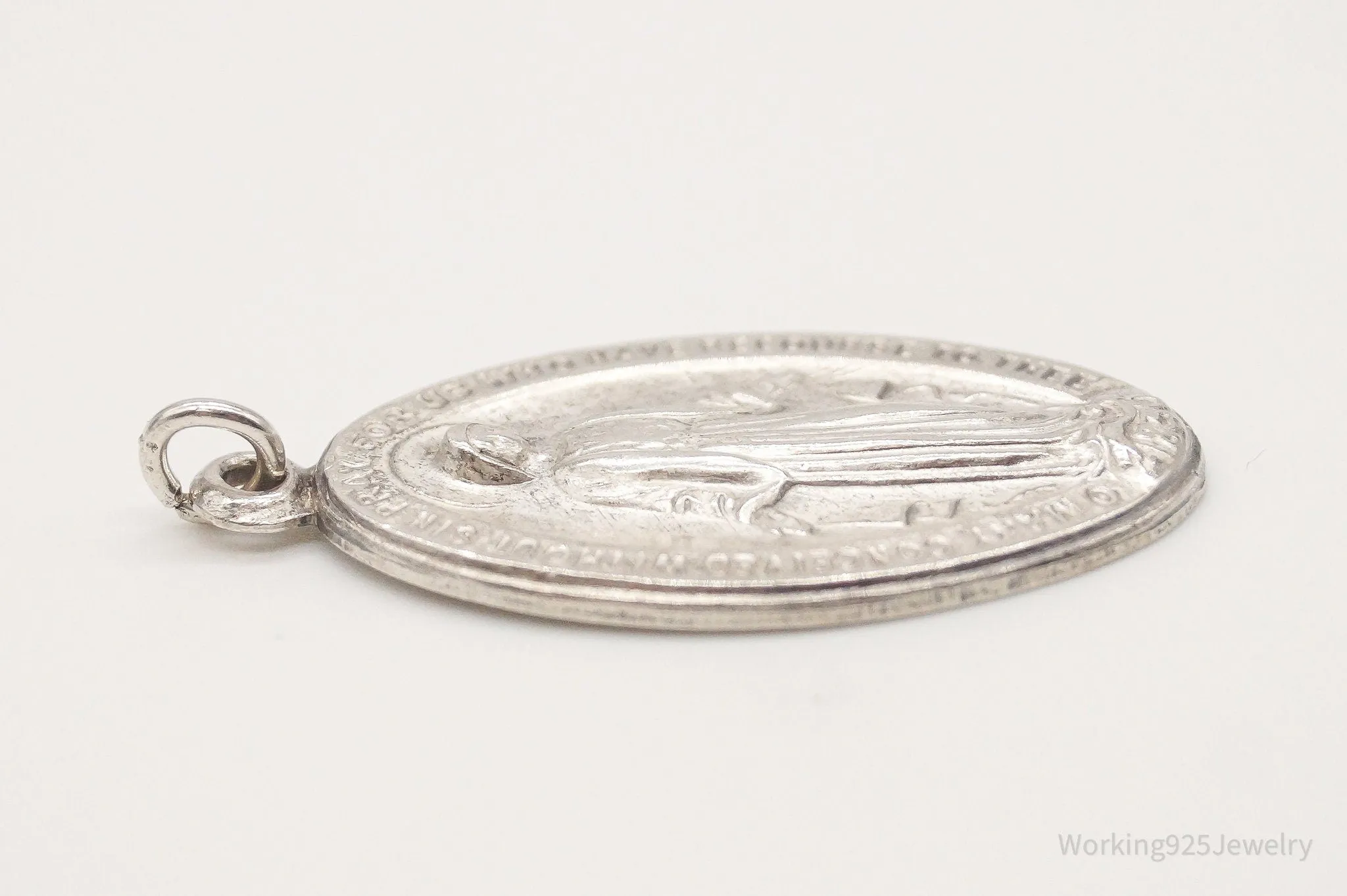 Antique Mary Pray For Us Sterling Silver Pendant