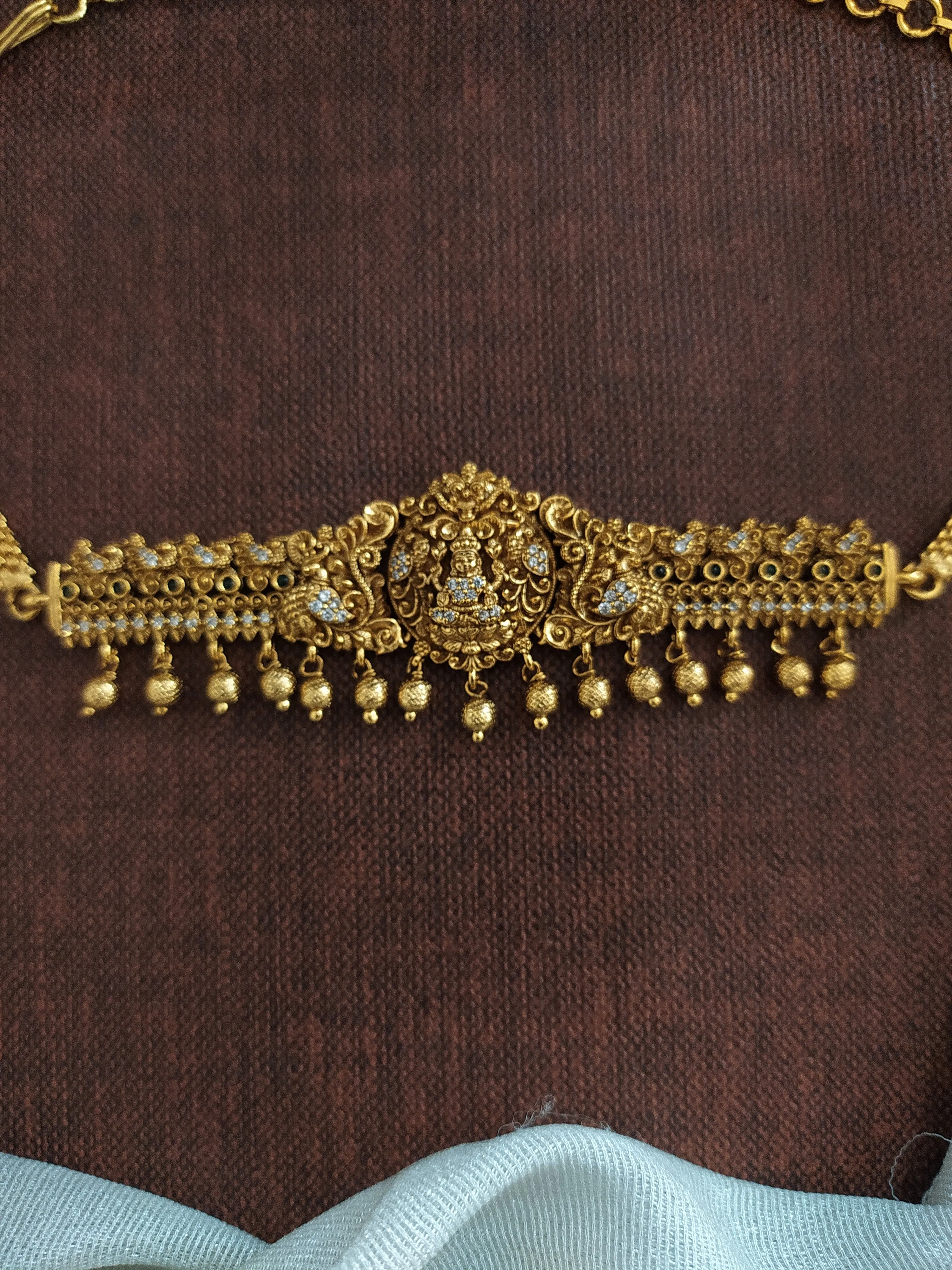 Antique Simple Lakshmi Choker Set with Matching Studs – Nakshi Work & Zircon Stones