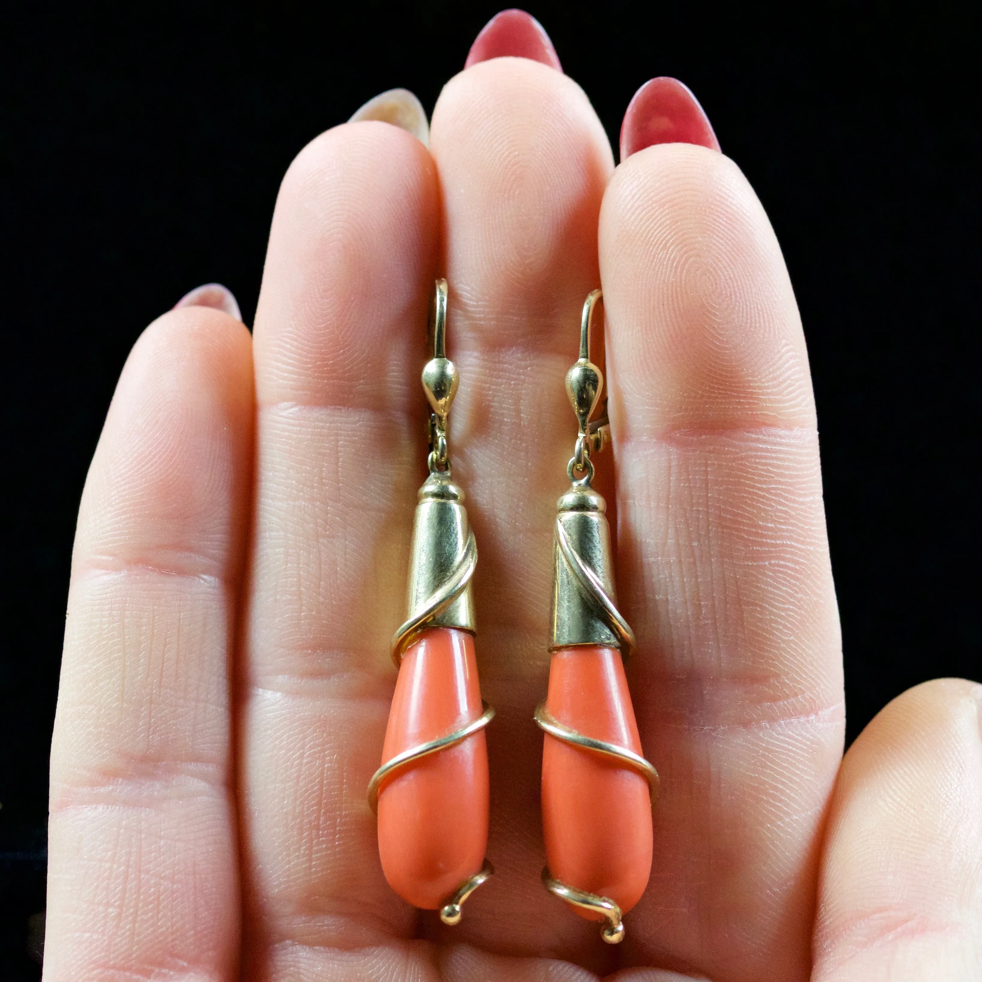 Antique Victorian Long Coral Earrings 14Ct Gold Circa 1900