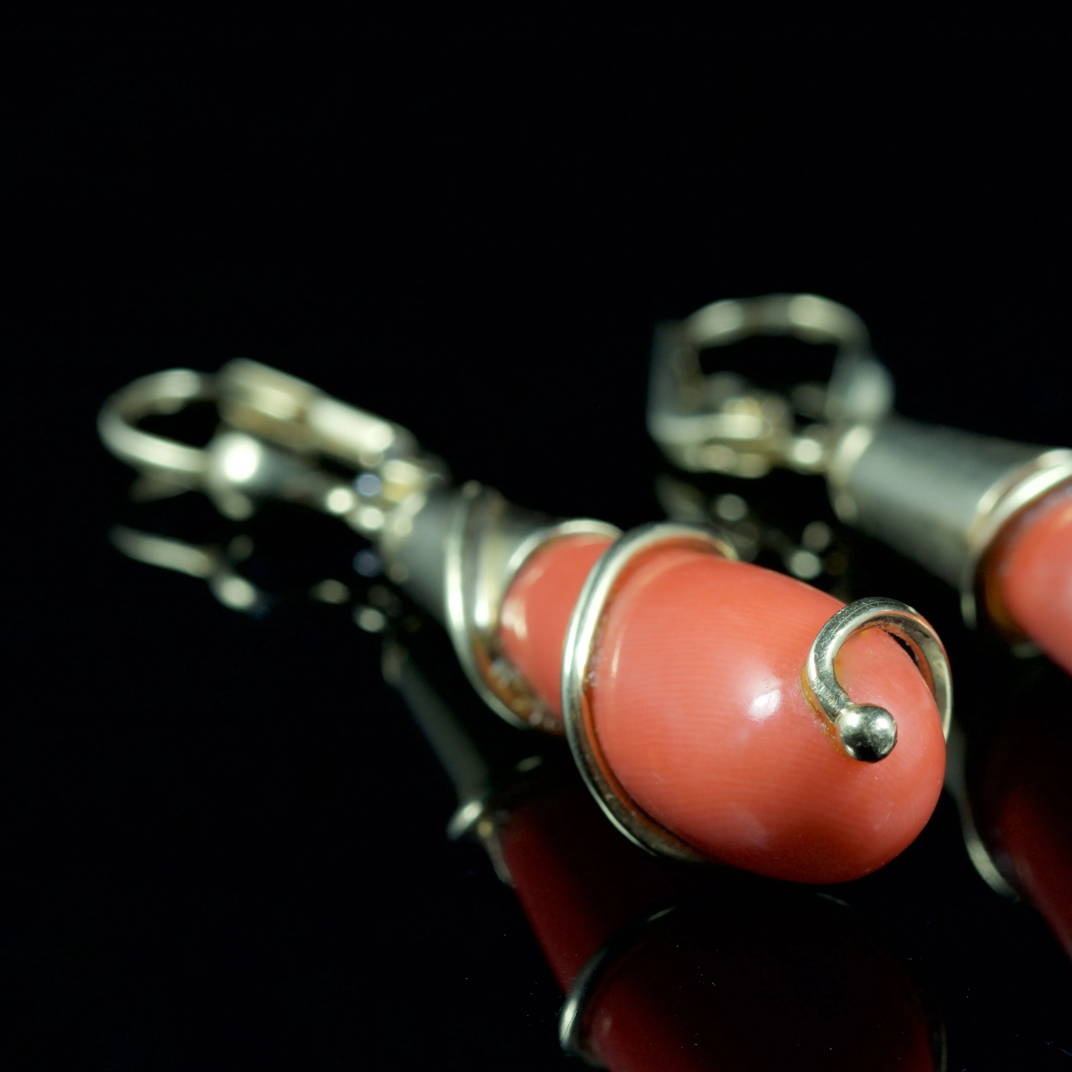 Antique Victorian Long Coral Earrings 14Ct Gold Circa 1900