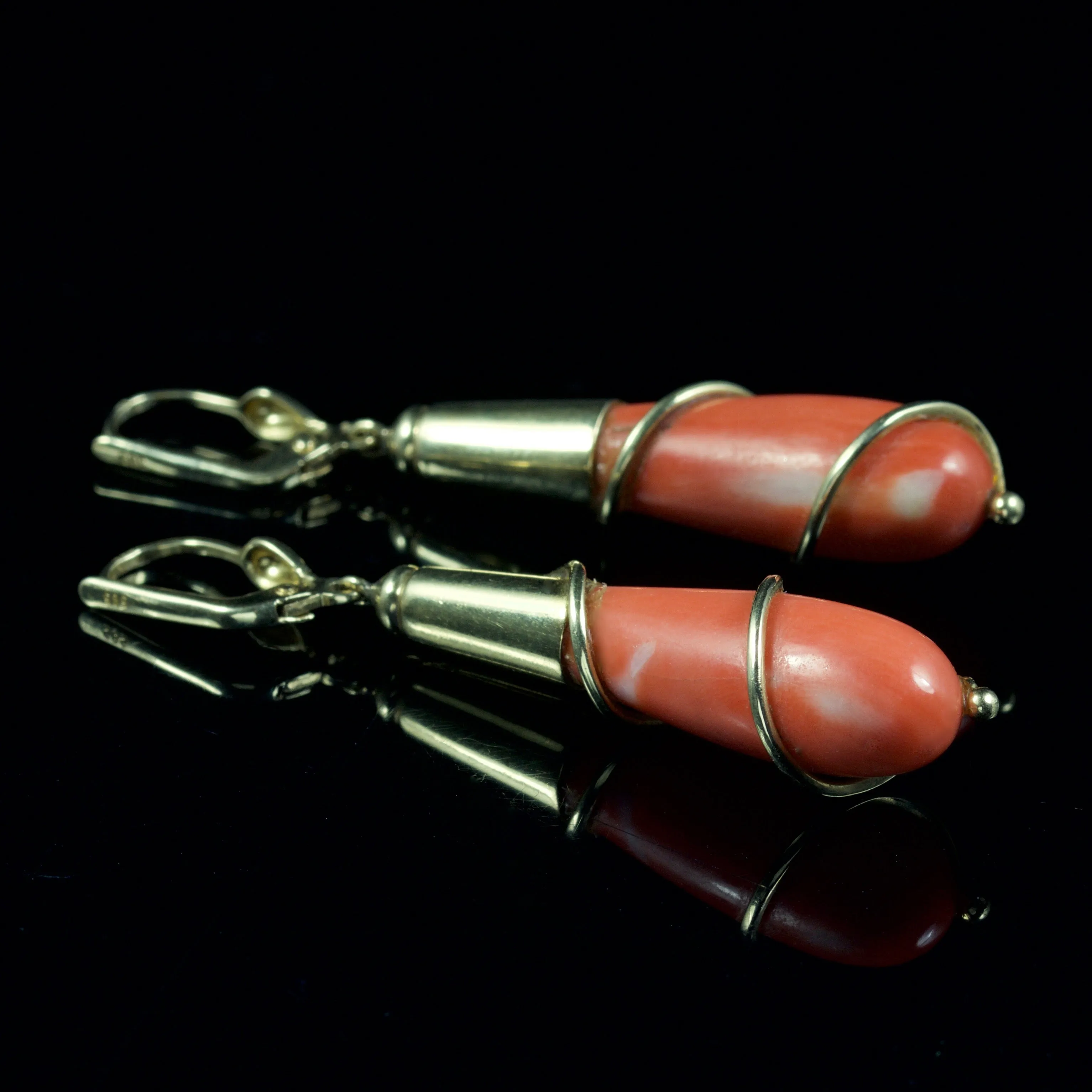Antique Victorian Long Coral Earrings 14Ct Gold Circa 1900