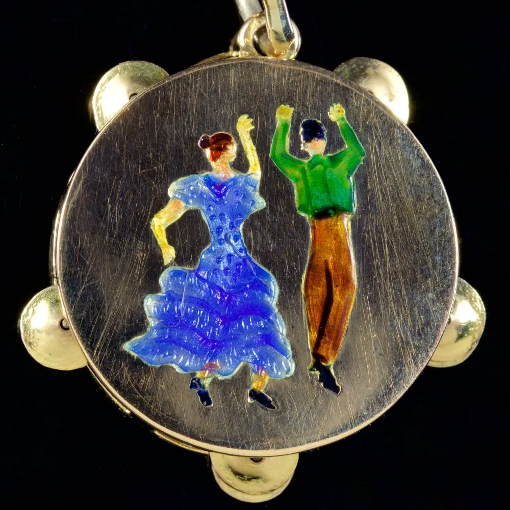 Antique Victorian Tambourine Pendant Enamel 18Ct Gold Circa 1890