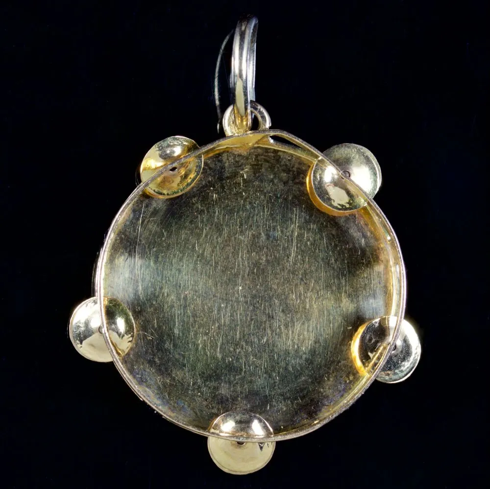 Antique Victorian Tambourine Pendant Enamel 18Ct Gold Circa 1890
