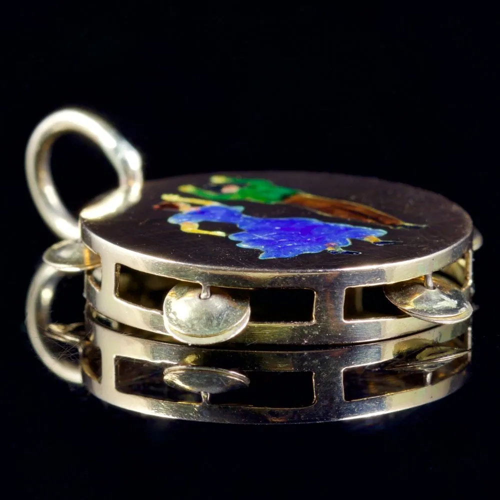 Antique Victorian Tambourine Pendant Enamel 18Ct Gold Circa 1890