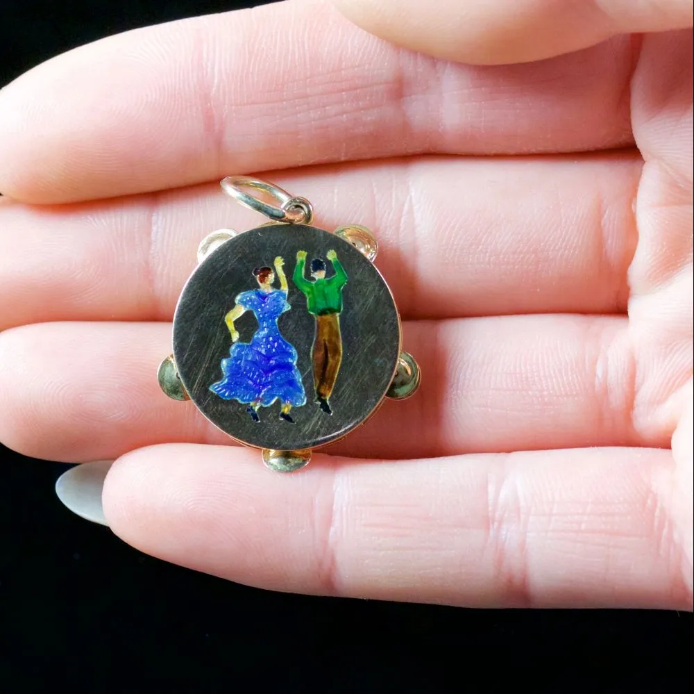 Antique Victorian Tambourine Pendant Enamel 18Ct Gold Circa 1890