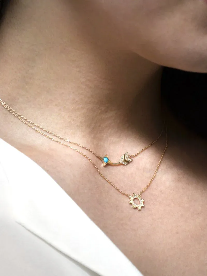 Arrow Bar Necklace - Gold, Turquoise & White Sapphire