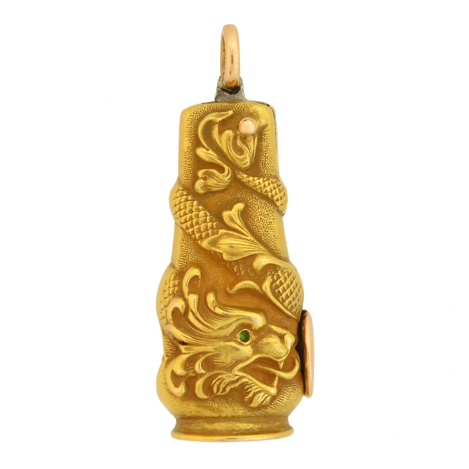Art Nouveau 14kt Emerald Repousse Dragon Cigar Cutter Pendant   Victorian 14kt Enameled Slider Chain