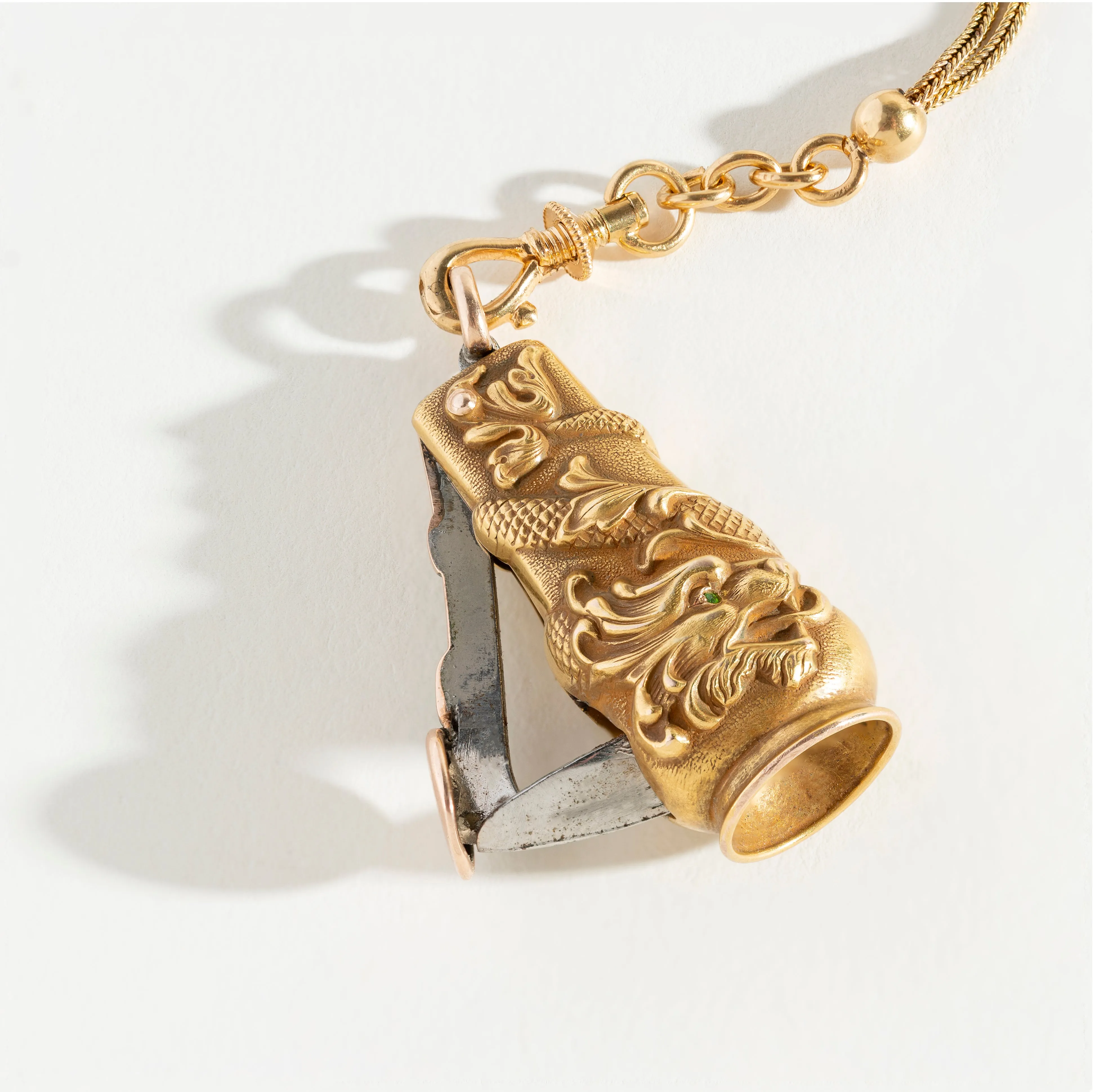Art Nouveau 14kt Emerald Repousse Dragon Cigar Cutter Pendant   Victorian 14kt Enameled Slider Chain