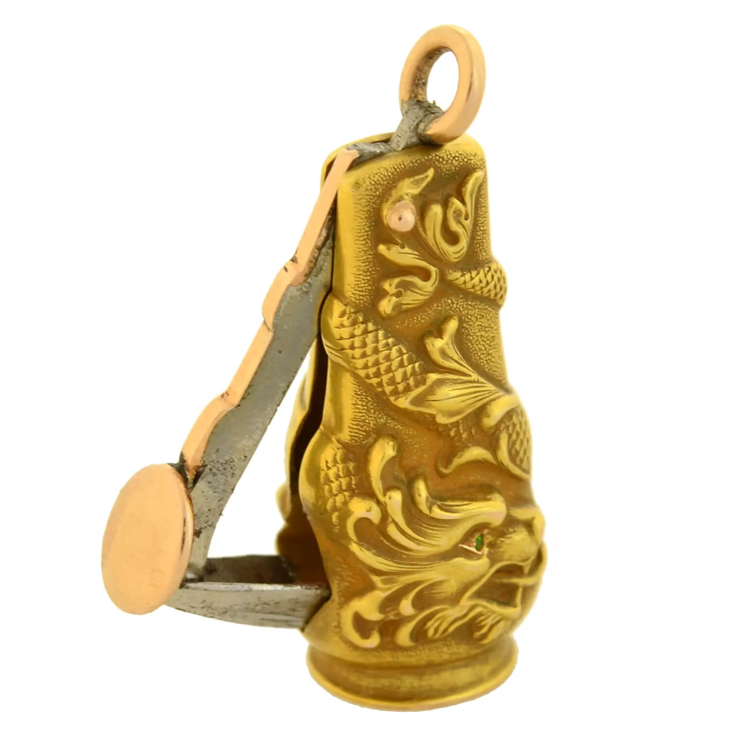 Art Nouveau 14kt Emerald Repousse Dragon Cigar Cutter Pendant   Victorian 14kt Enameled Slider Chain