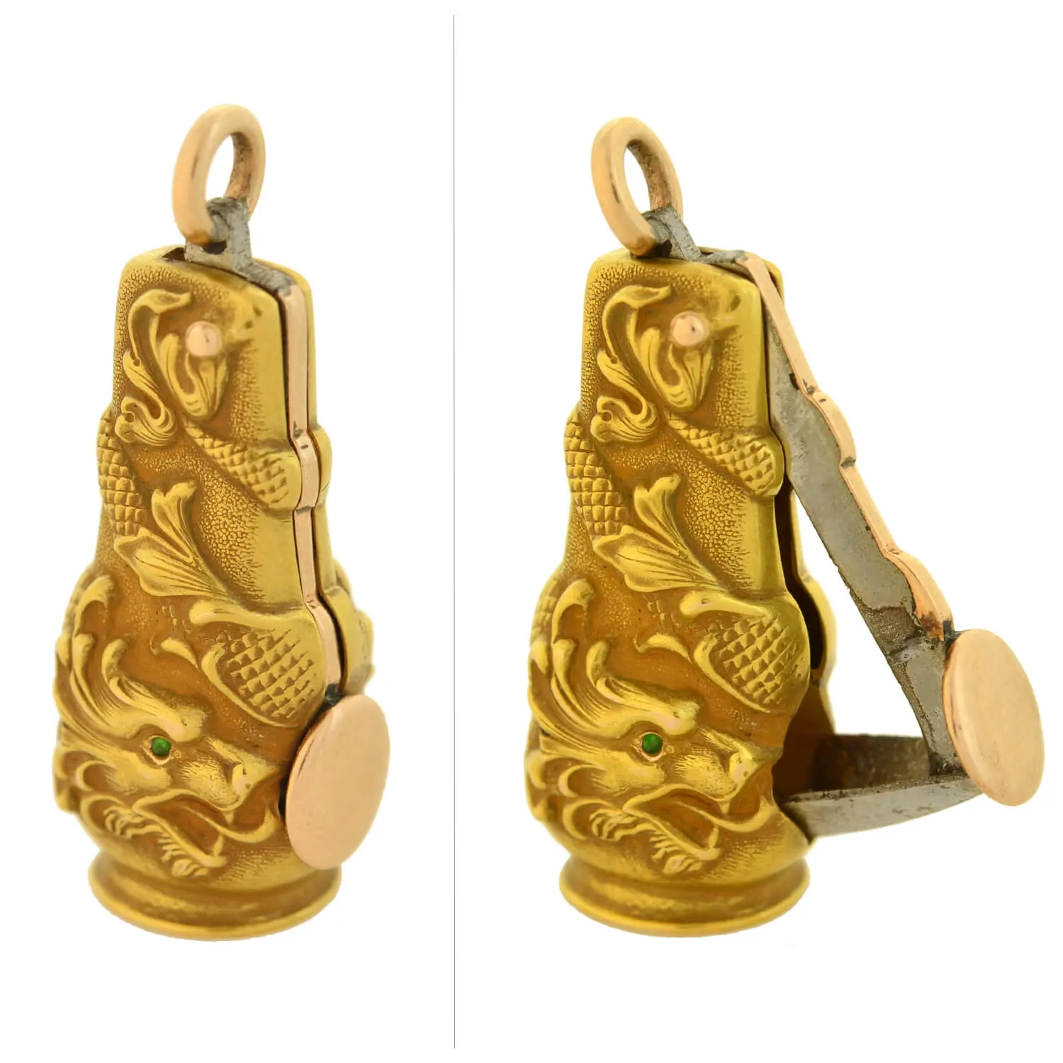 Art Nouveau 14kt Emerald Repousse Dragon Cigar Cutter Pendant   Victorian 14kt Enameled Slider Chain