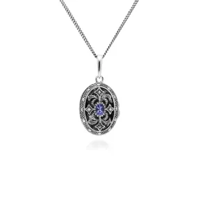 Art Nouveau Stil Ovale Tansanit & Markasite Halskette in 925 Sterlingsterlingsilber