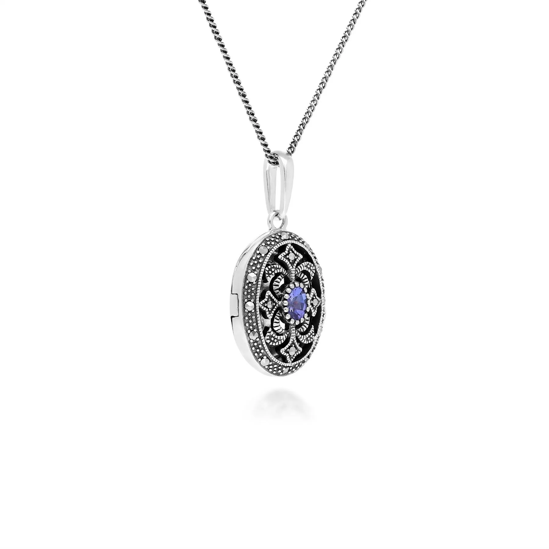Art Nouveau Stil Ovale Tansanit & Markasite Halskette in 925 Sterlingsterlingsilber