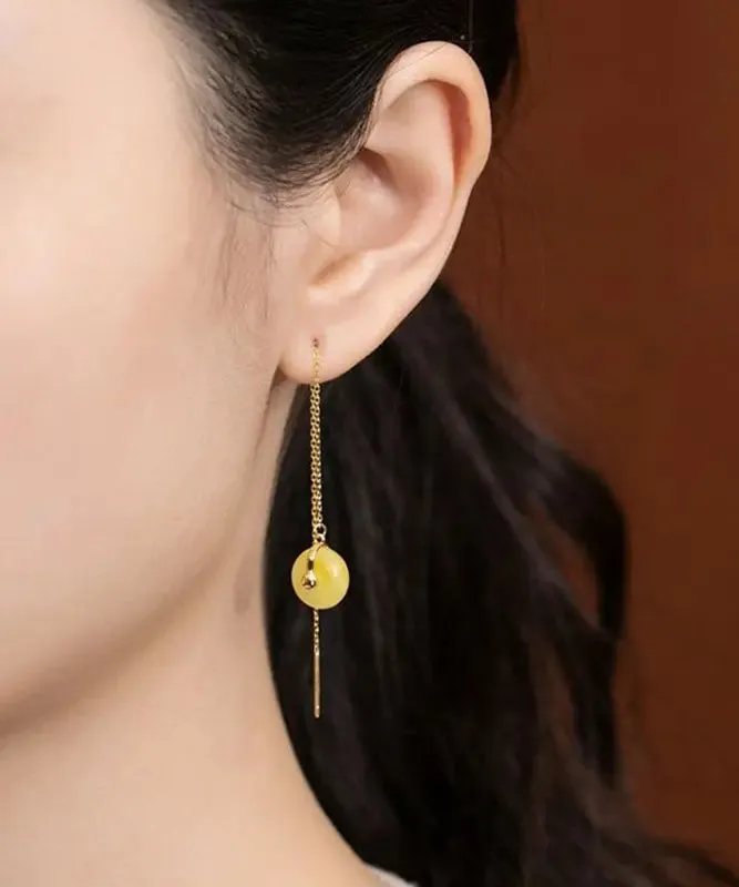 Art Yellow Sterling Silver Overgild Beeswax Amber Drop Earrings LY8536