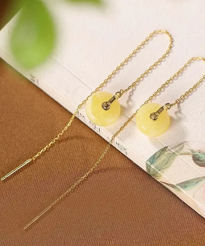 Art Yellow Sterling Silver Overgild Beeswax Amber Drop Earrings LY8536