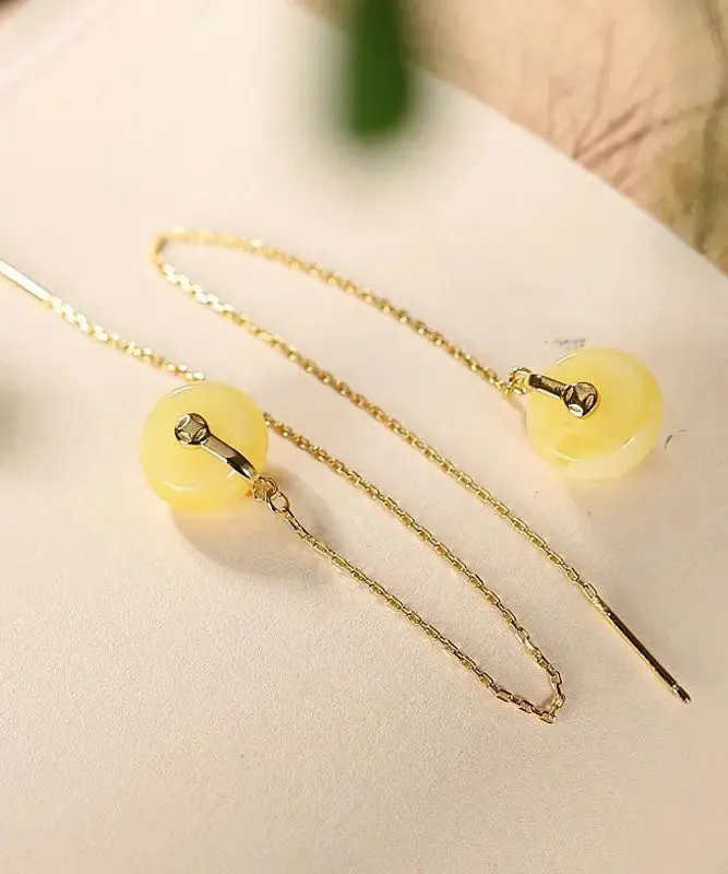 Art Yellow Sterling Silver Overgild Beeswax Amber Drop Earrings LY8536