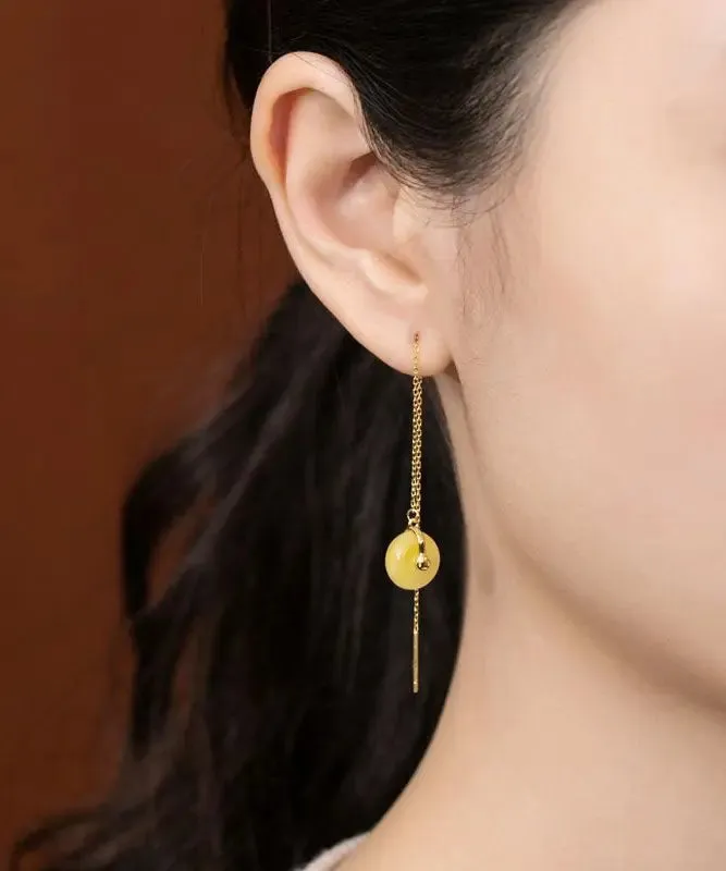Art Yellow Sterling Silver Overgild Beeswax Amber Drop Earrings LY8536