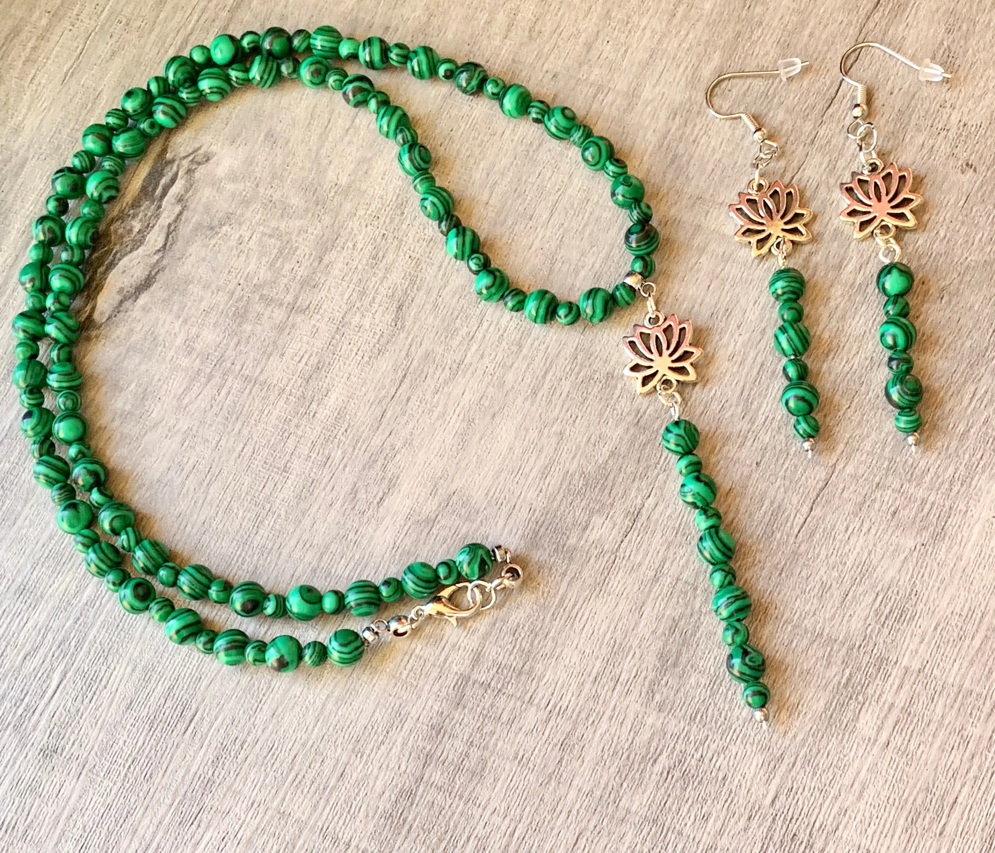 Aurora Handmade Malachite 23" Necklace and Earring Set with Lotus Flower Pendant