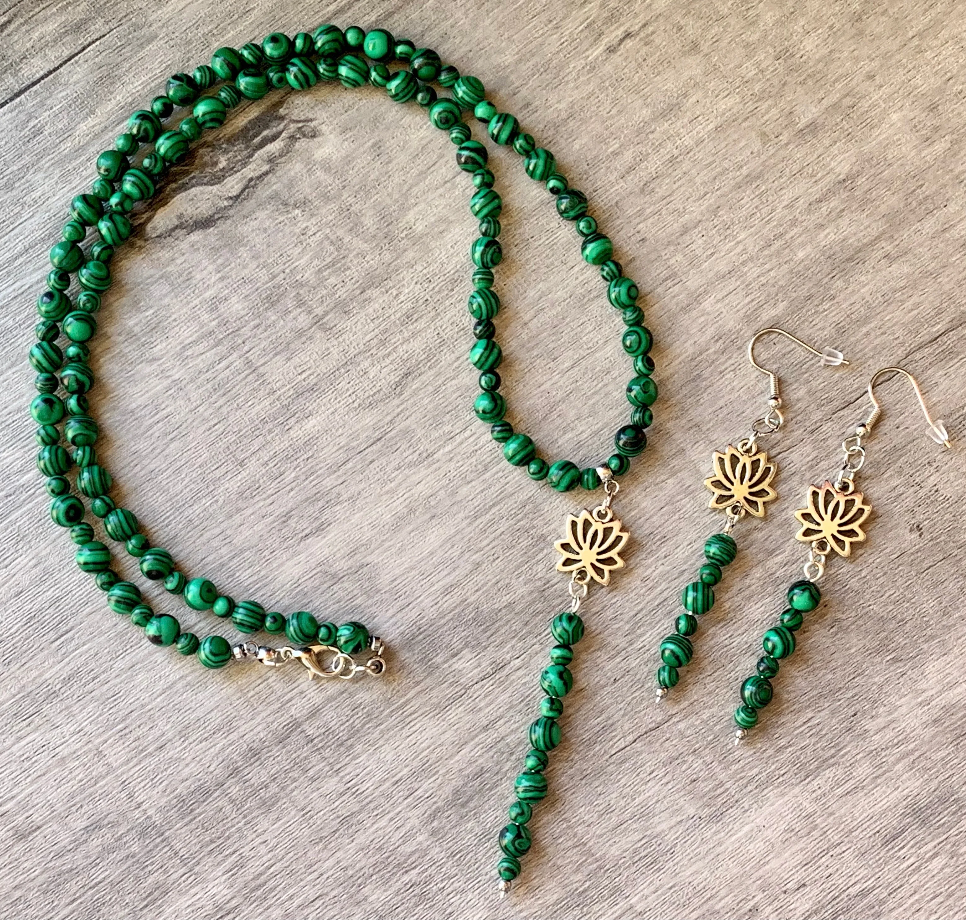 Aurora Handmade Malachite 23" Necklace and Earring Set with Lotus Flower Pendant