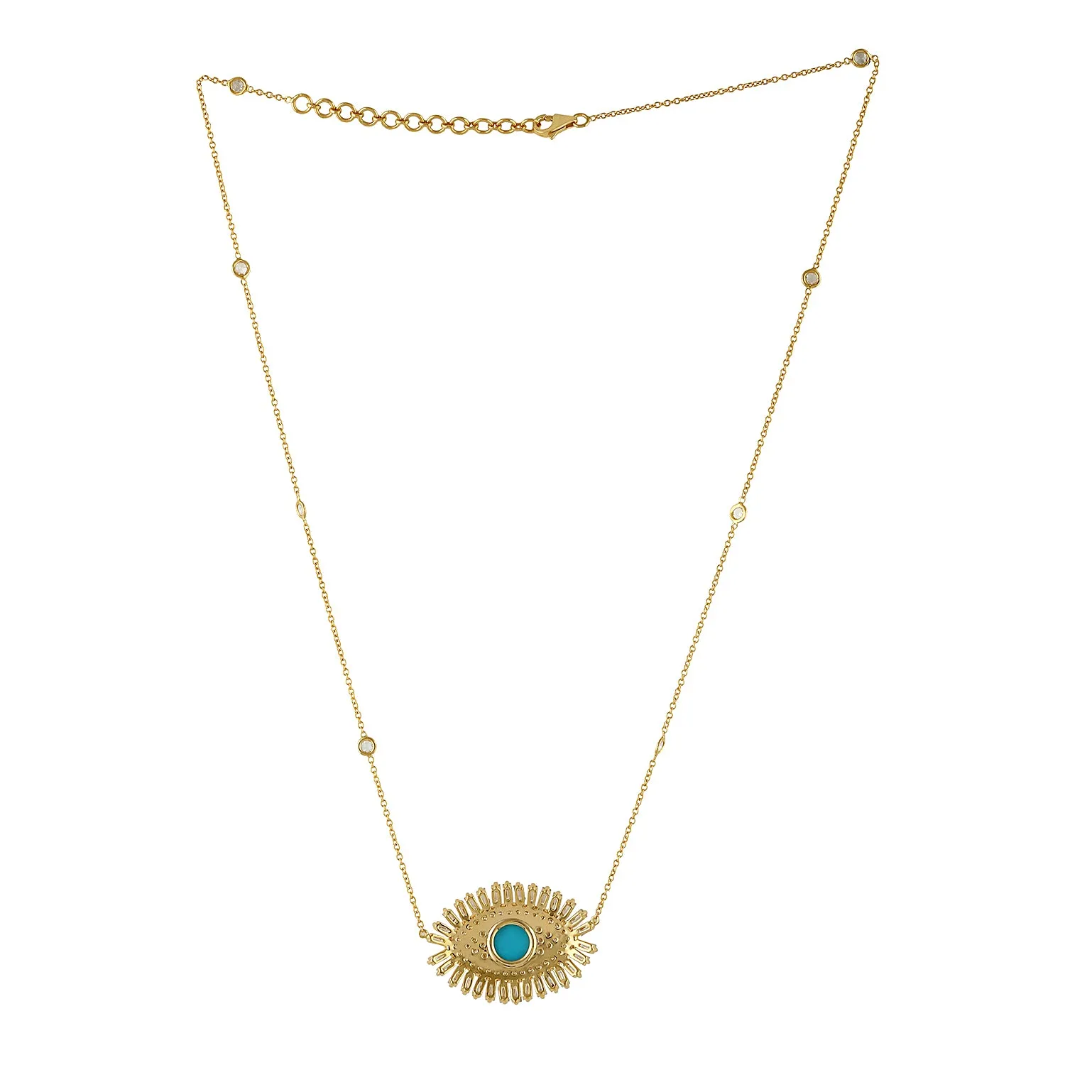 Baguette Diamond & Turquoise Evil Eye Charm Pendant 18k Yellow Gold Chain Necklace Jewelry