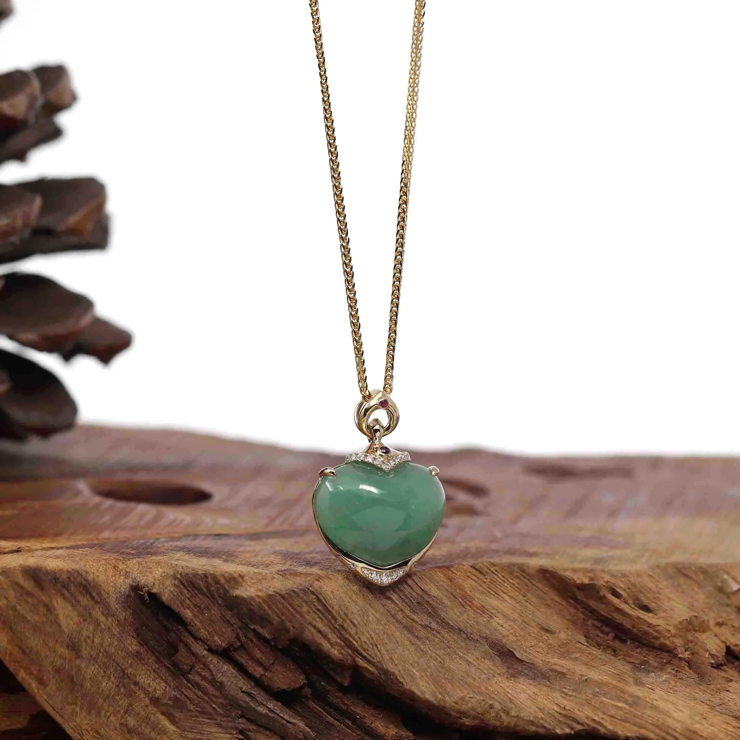 Baikalla 14K Yellow Gold Genuine Burmese Green Jadeite Jade Heart Pendant with VS1 Diamonds High Jewelry