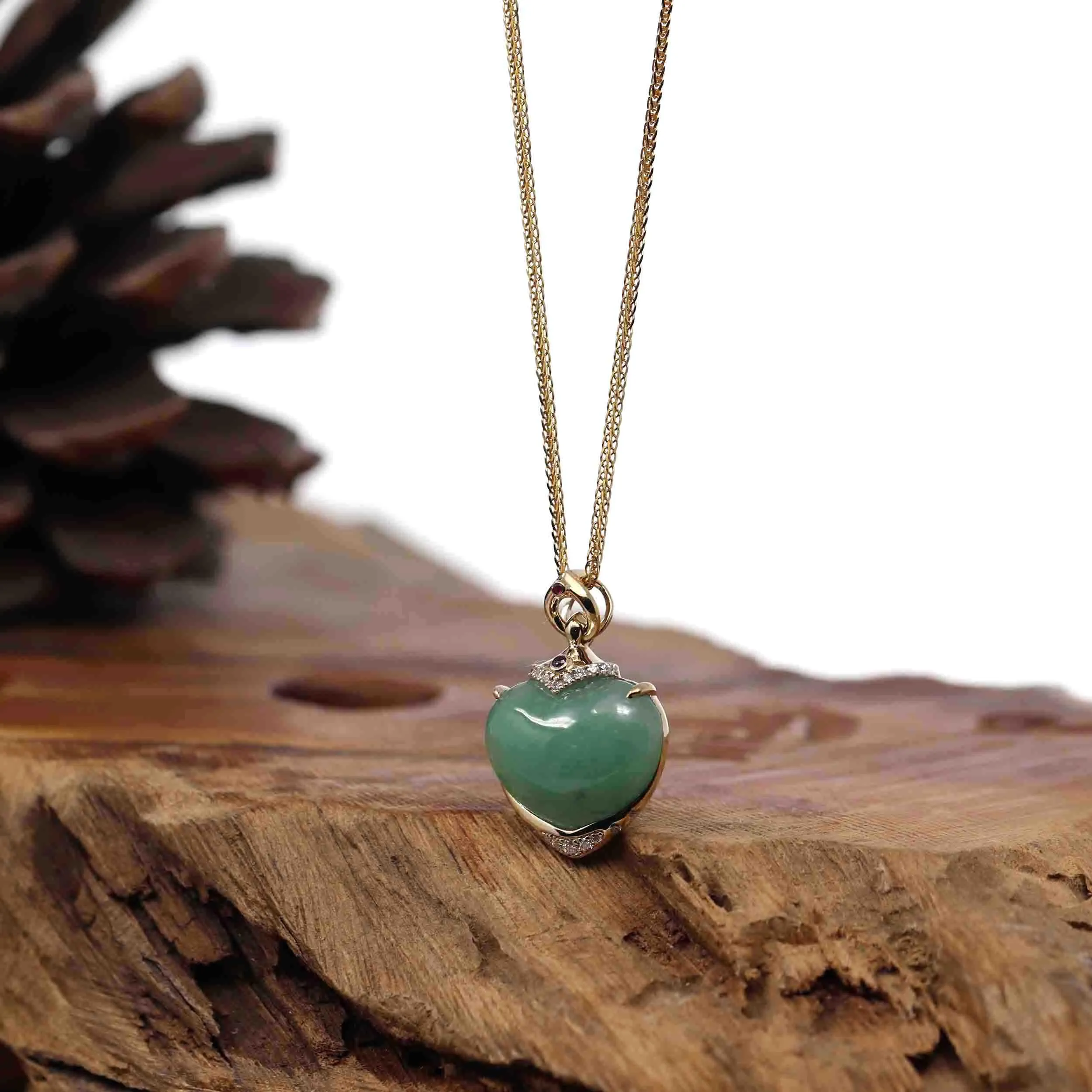 Baikalla 14K Yellow Gold Genuine Burmese Green Jadeite Jade Heart Pendant with VS1 Diamonds High Jewelry