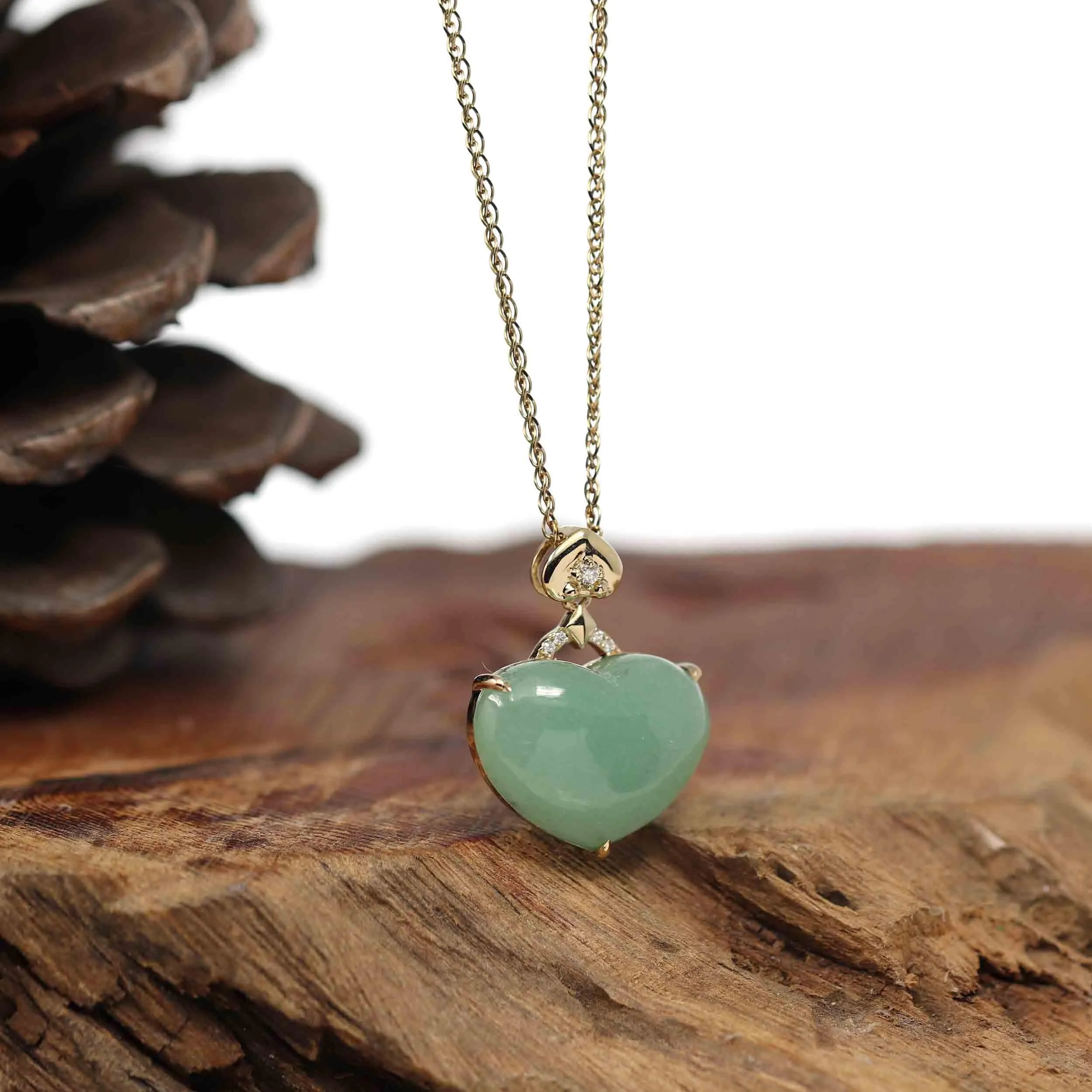 Baikalla 14K Yellow Gold Genuine Burmese Green Jadeite Jade Heart Pendant with VS1 Diamonds